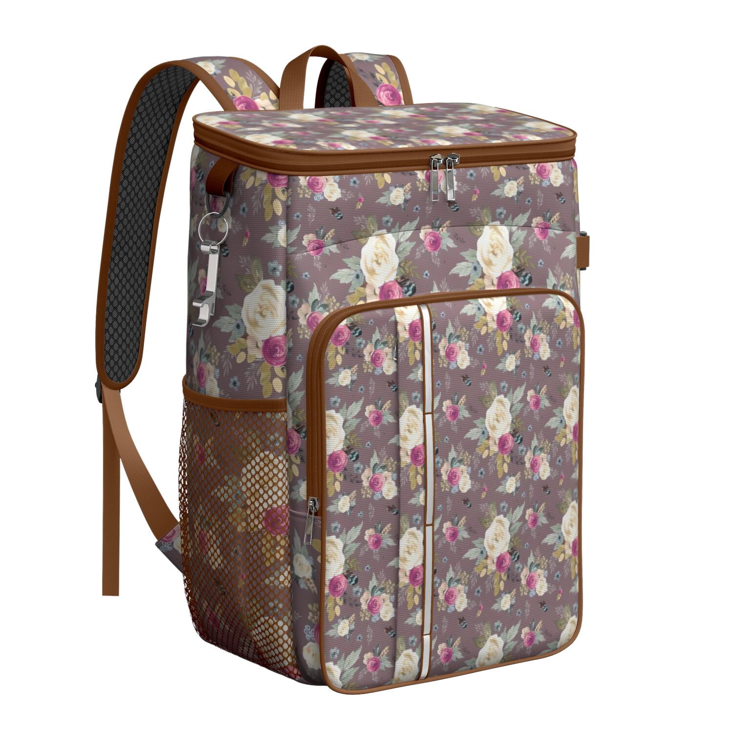 Travel Cooler Bag - Pioneer Flower Floral Print Pattern Camping Beer Cooler Backpack with Bottle Opener- Waterproof Insulated Picnic Backpacks - Cooler Bag for Beach