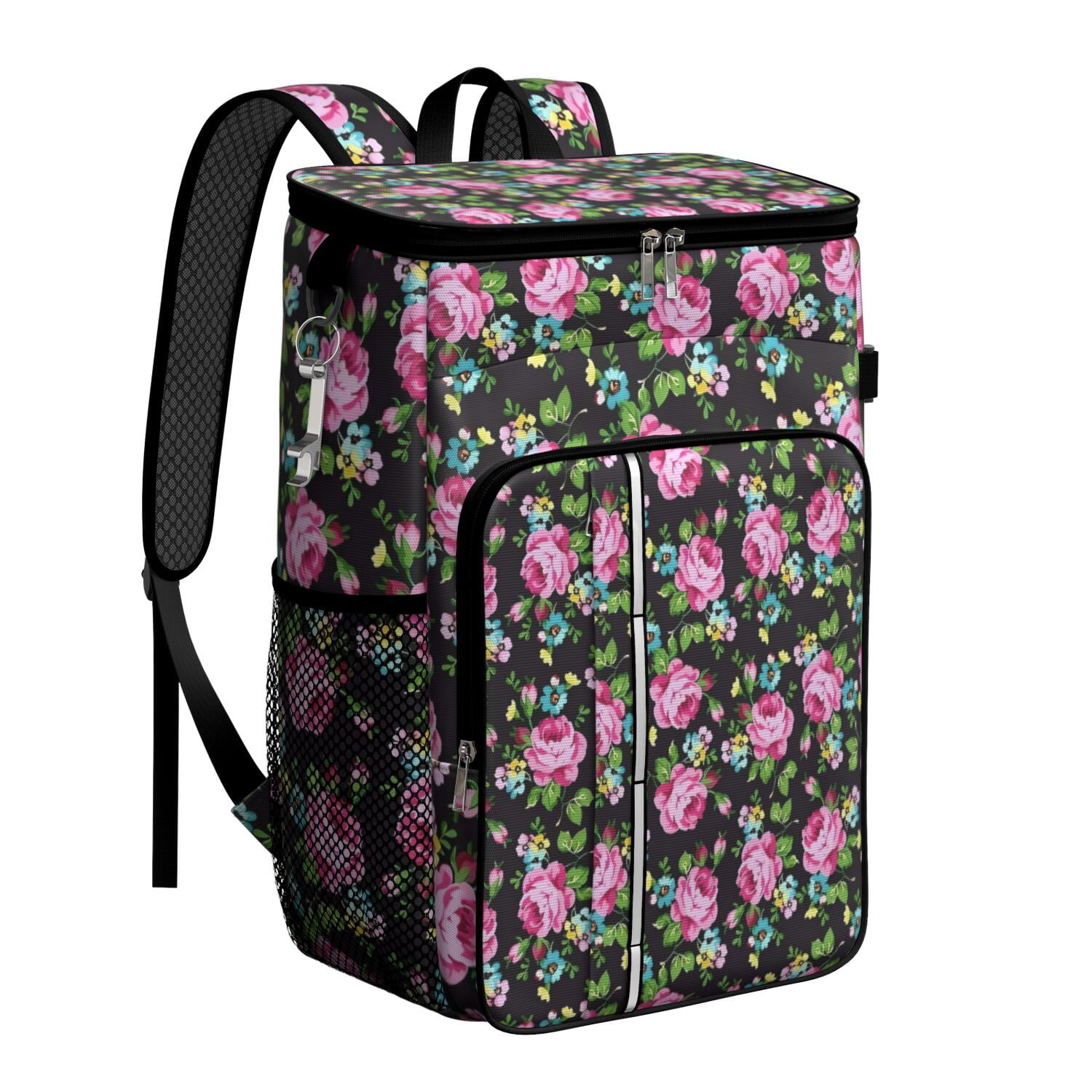 Travel Cooler Bag - Pioneer Flower Floral Print Pattern Camping Beer Cooler Backpack with Bottle Opener- Waterproof Insulated Picnic Backpacks - Cooler Bag for Beach