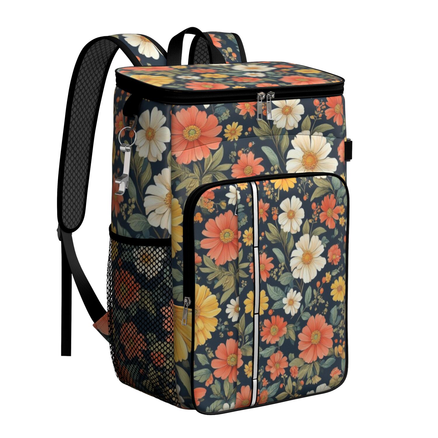 Travel Cooler Bag - Pioneer Flower Floral Print Pattern Camping Beer Cooler Backpack with Bottle Opener- Waterproof Insulated Picnic Backpacks - Cooler Bag for Beach