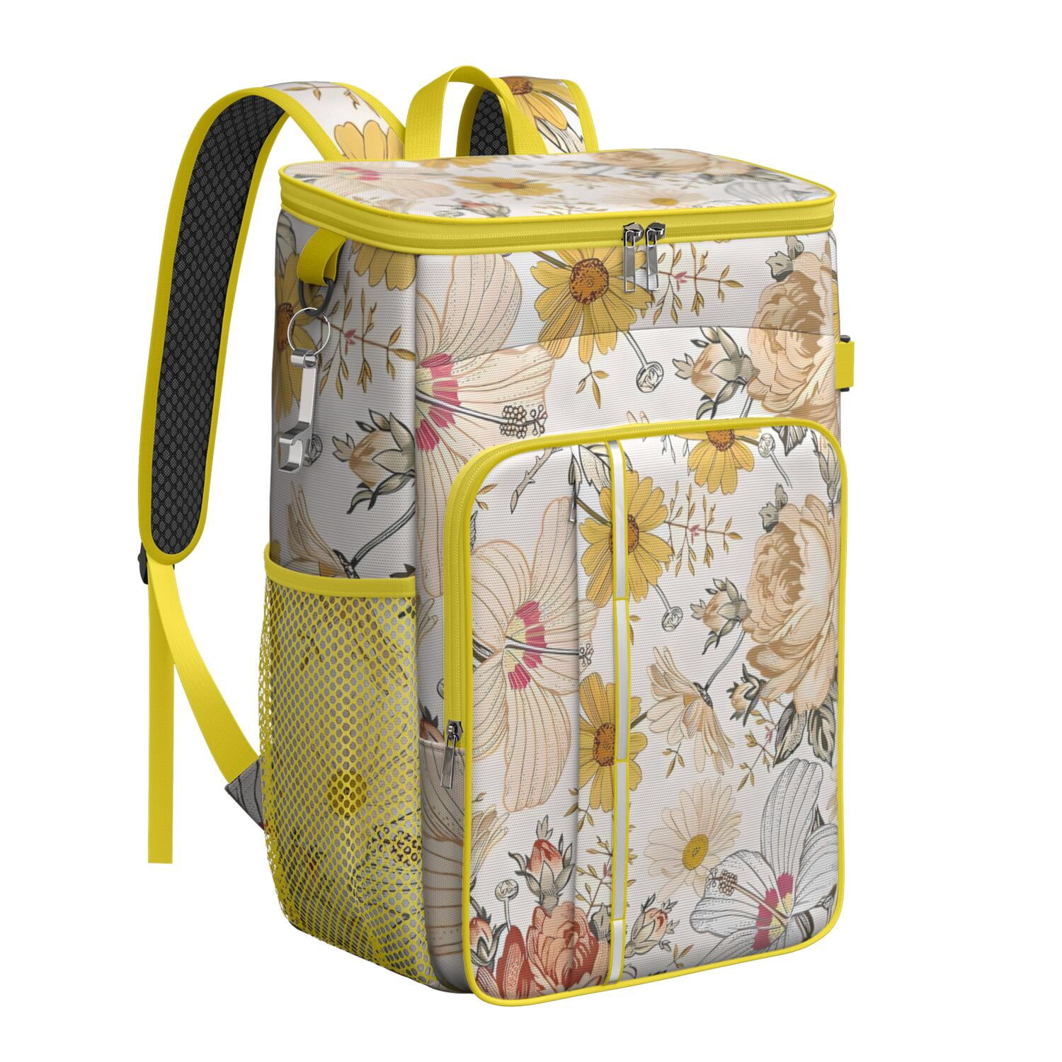 Travel Cooler Bag - Pioneer Flower Floral Print Pattern Camping Beer Cooler Backpack with Bottle Opener- Waterproof Insulated Picnic Backpacks - Cooler Bag for Beach