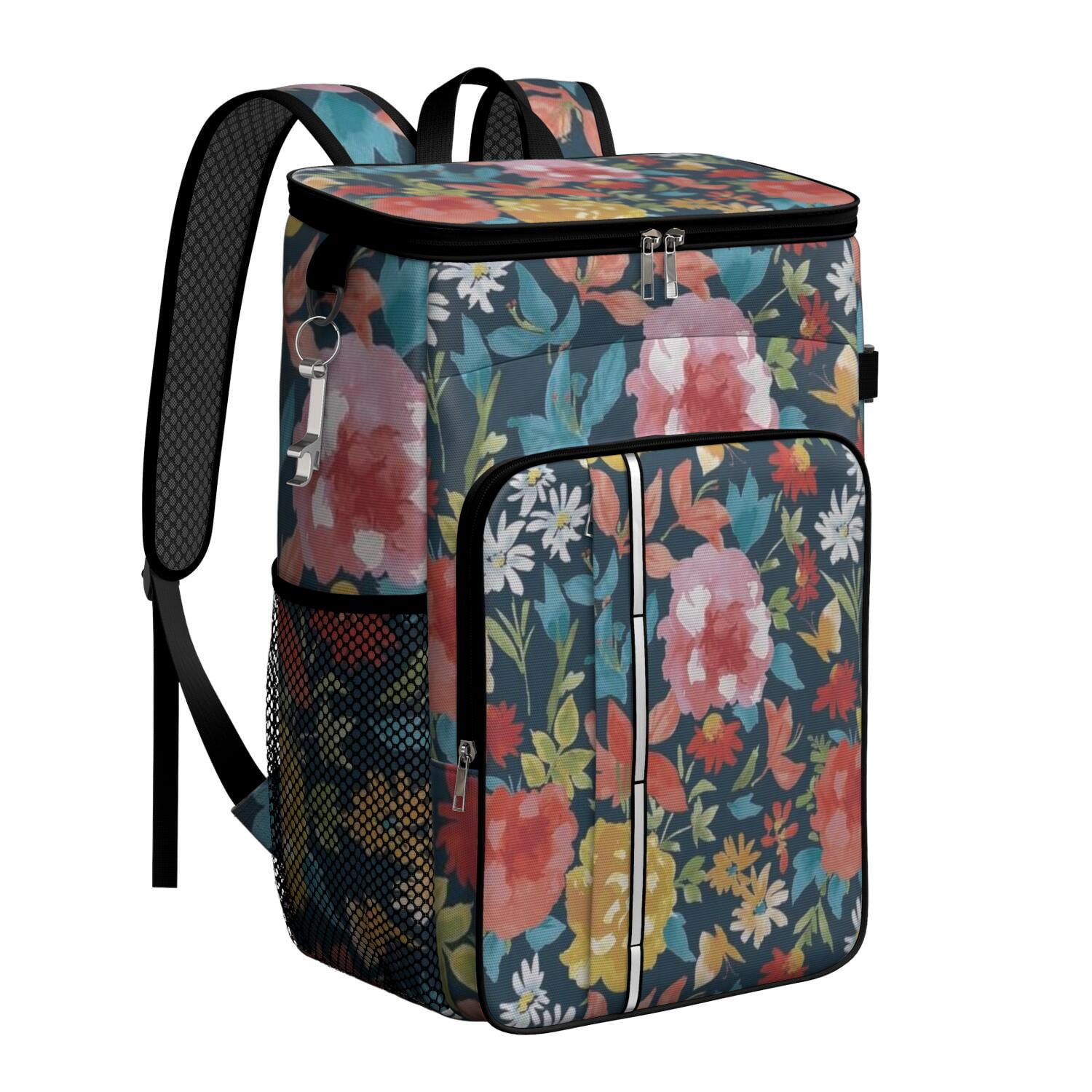 Travel Cooler Bag - Pioneer Flower Floral Print Pattern Camping Beer Cooler Backpack with Bottle Opener- Waterproof Insulated Picnic Backpacks - Cooler Bag for Beach
