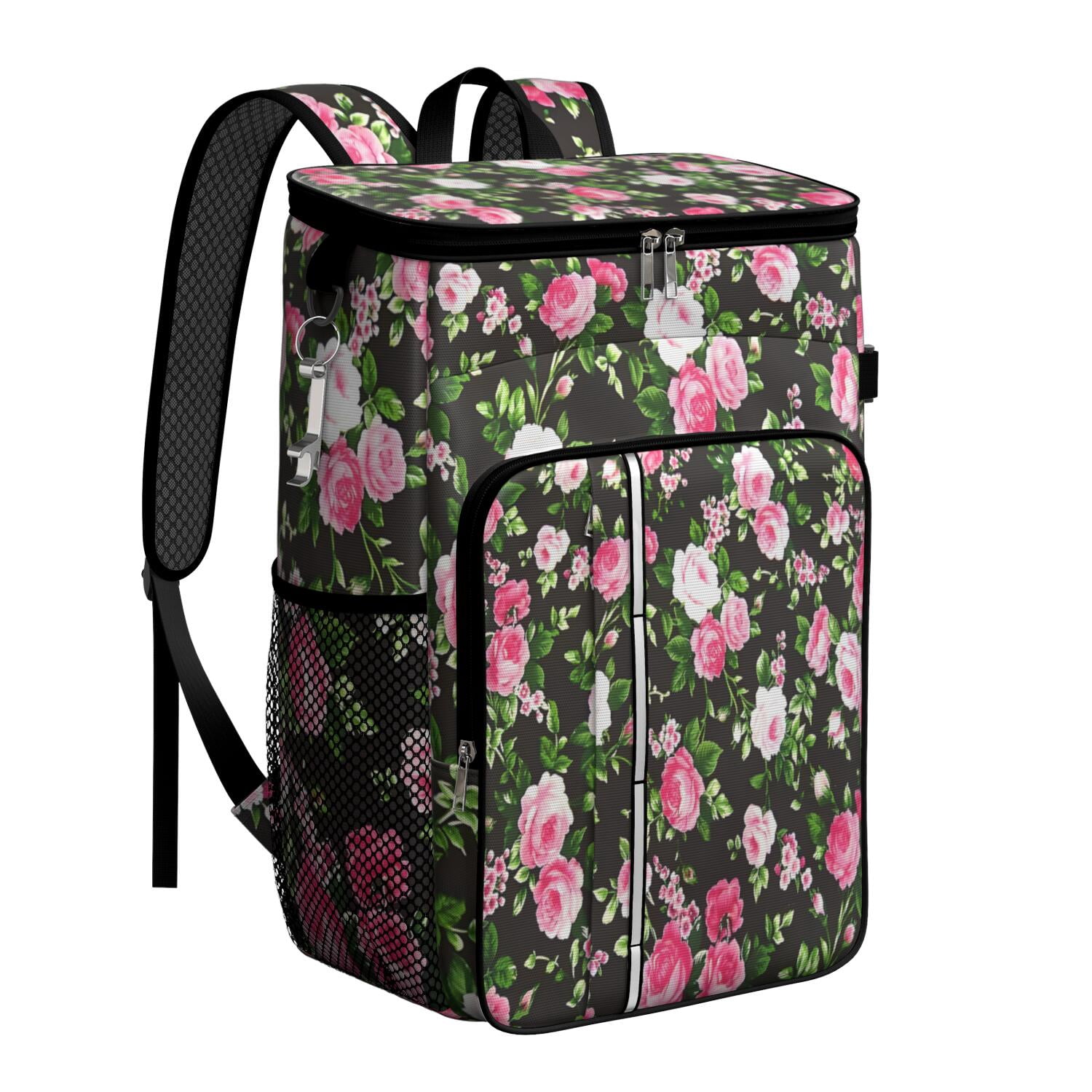Travel Cooler Bag - Pioneer Flower Floral Print Pattern Camping Beer Cooler Backpack with Bottle Opener- Waterproof Insulated Picnic Backpacks - Cooler Bag for Beach