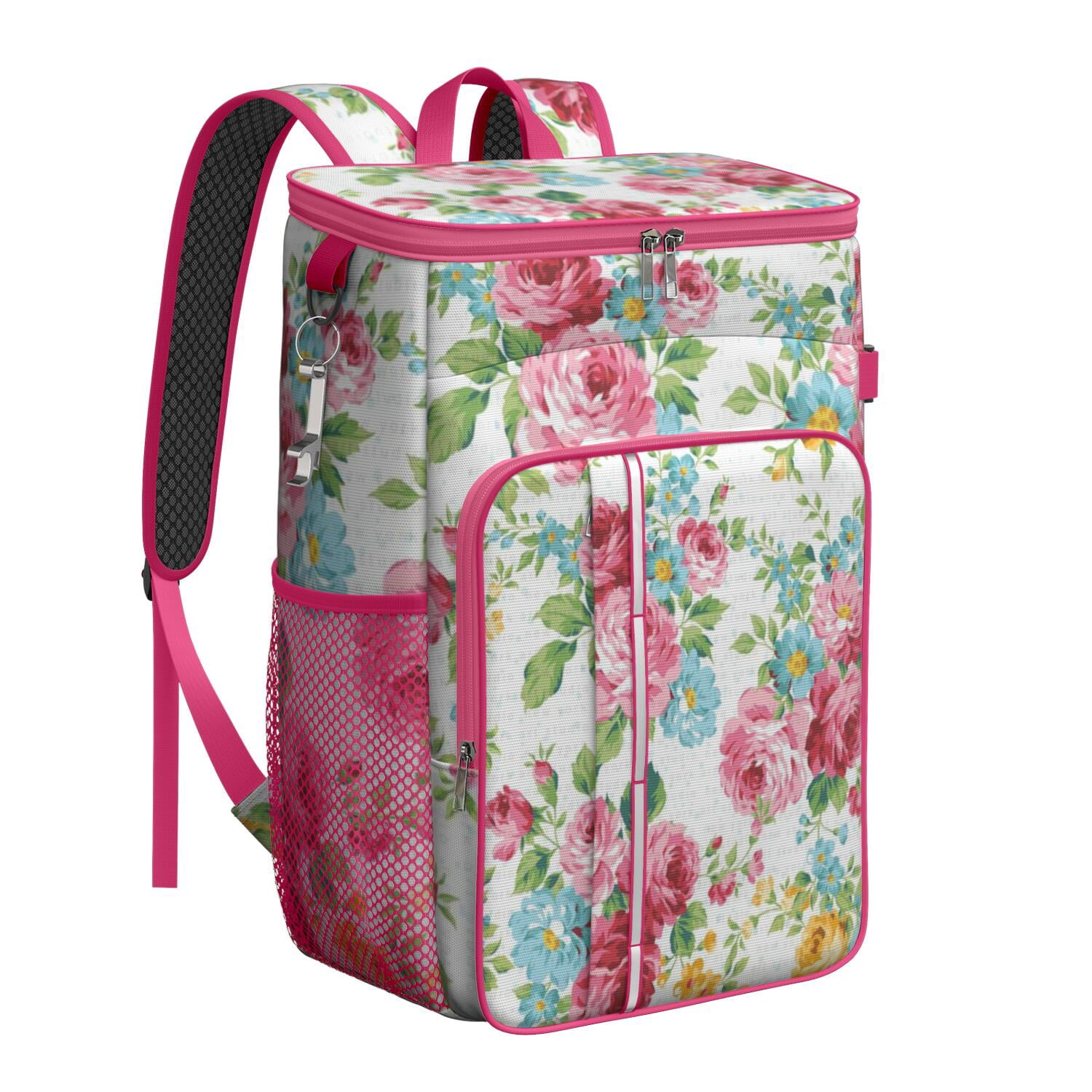 Travel Cooler Bag - Pioneer Flower Floral Print Pattern Camping Beer Cooler Backpack with Bottle Opener- Waterproof Insulated Picnic Backpacks - Cooler Bag for Beach