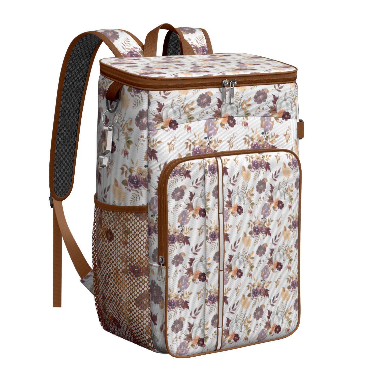 Travel Cooler Bag - Pioneer Flower Floral Print Pattern Camping Beer Cooler Backpack with Bottle Opener- Waterproof Insulated Picnic Backpacks - Cooler Bag for Beach