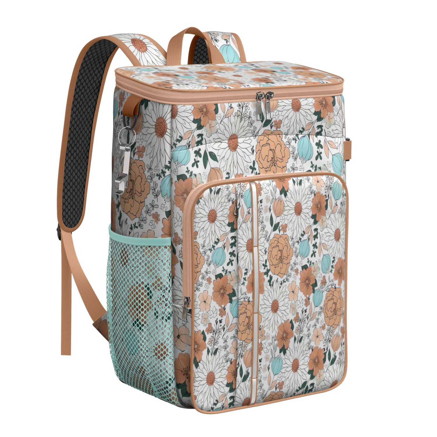 Travel Cooler Bag - Pioneer Flower Floral Print Pattern Camping Beer Cooler Backpack with Bottle Opener- Waterproof Insulated Picnic Backpacks - Cooler Bag for Beach