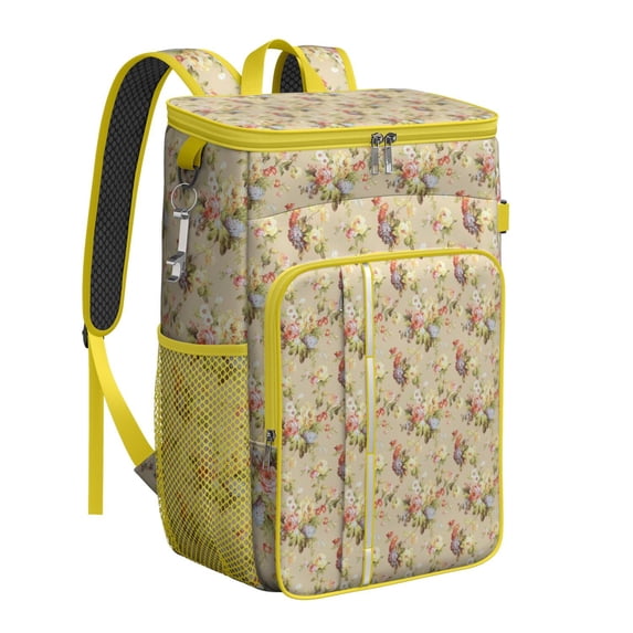 Travel Cooler Bag - Pioneer Flower Floral Print Pattern Camping Beer Cooler Backpack with Bottle Opener- Waterproof Insulated Picnic Backpacks - Cooler Bag for Beach