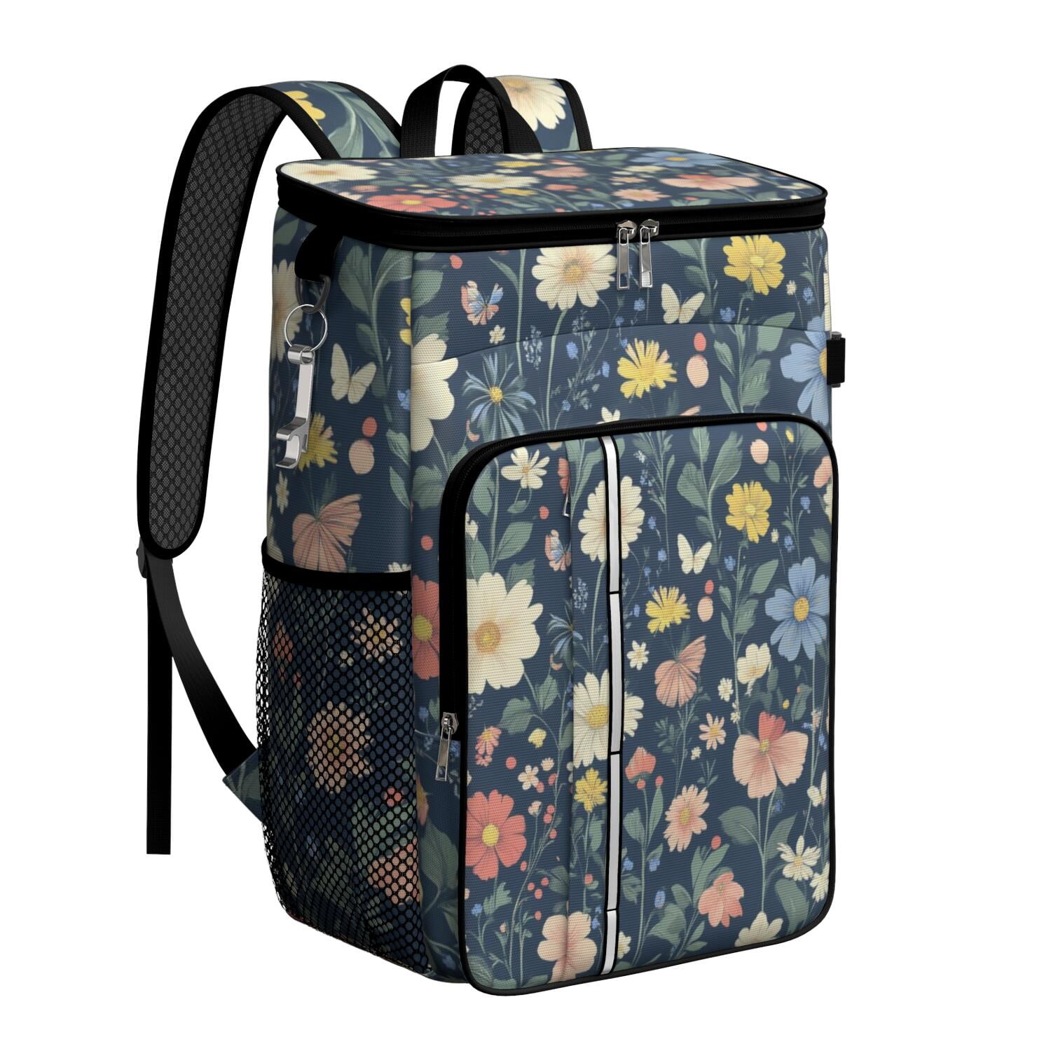 Travel Cooler Bag - Pioneer Flower Floral Print Pattern Camping Beer Cooler Backpack with Bottle Opener- Waterproof Insulated Picnic Backpacks - Cooler Bag for Beach