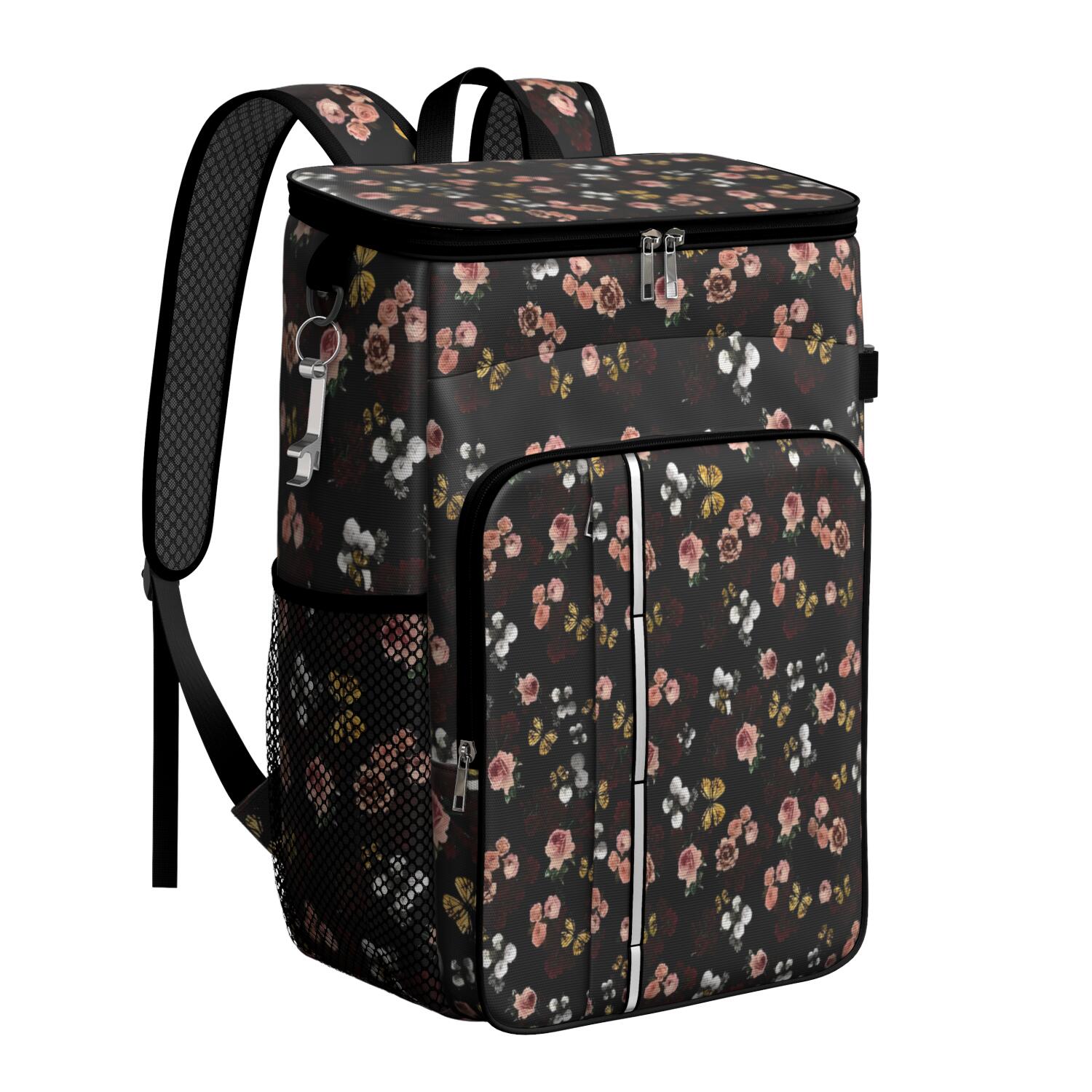 Travel Cooler Bag - Pioneer Flower Floral Print Pattern Camping Beer Cooler Backpack with Bottle Opener- Waterproof Insulated Picnic Backpacks - Cooler Bag for Beach