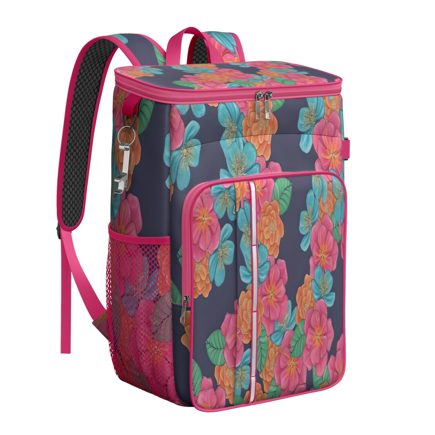 Travel Cooler Bag - Pioneer Flower Floral Print Pattern Camping Beer Cooler Backpack with Bottle Opener- Waterproof Insulated Picnic Backpacks - Cooler Bag for Beach