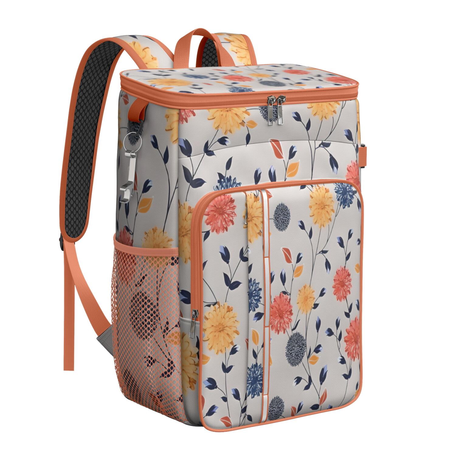 Travel Cooler Bag - Pioneer Flower Floral Print Pattern Camping Beer Cooler Backpack with Bottle Opener- Waterproof Insulated Picnic Backpacks - Cooler Bag for Beach