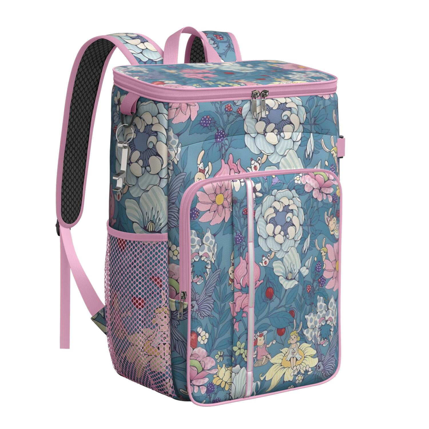 Travel Cooler Bag - Pioneer Flower Floral Print Pattern Camping Beer Cooler Backpack with Bottle Opener- Waterproof Insulated Picnic Backpacks - Cooler Bag for Beach