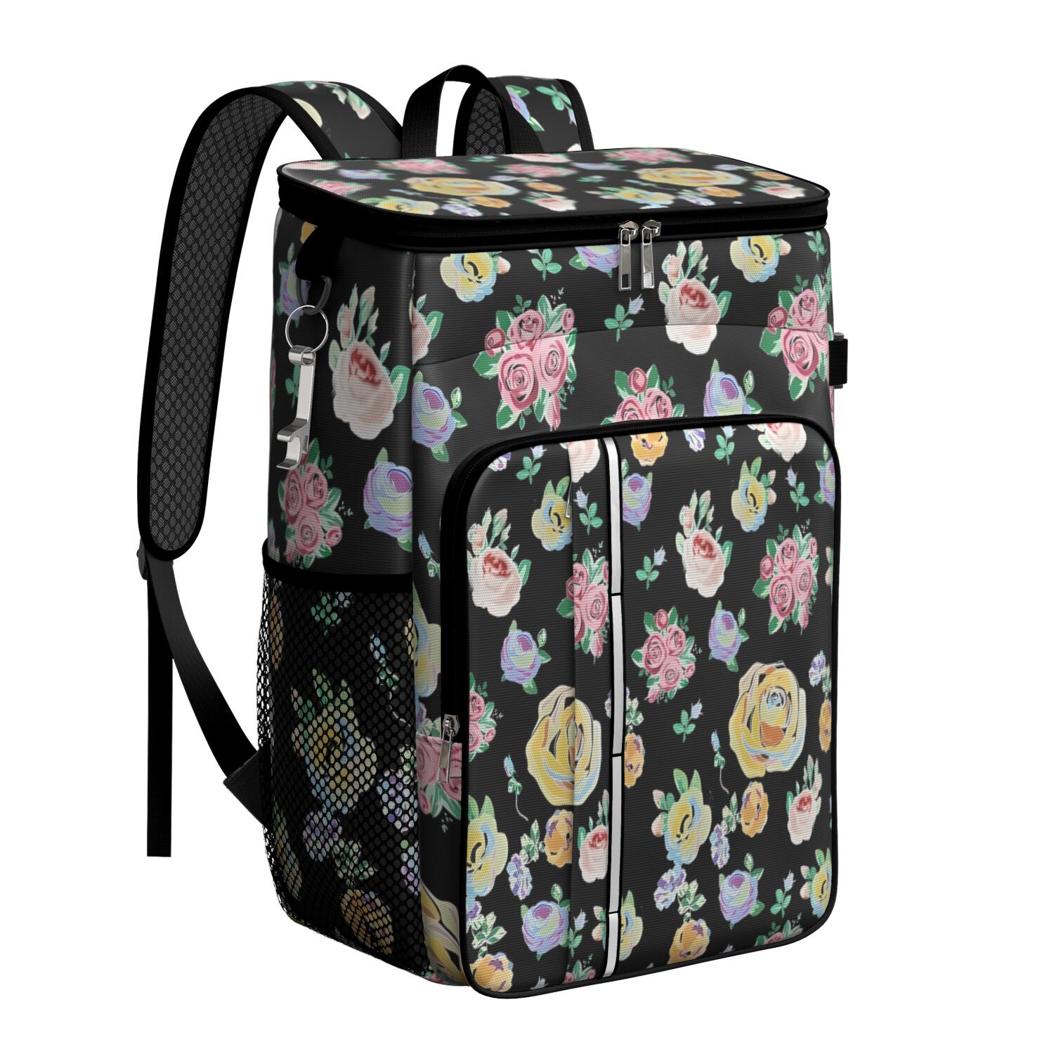 Travel Cooler Bag - Pioneer Flower Floral Print Pattern Camping Beer Cooler Backpack with Bottle Opener- Waterproof Insulated Picnic Backpacks - Cooler Bag for Beach