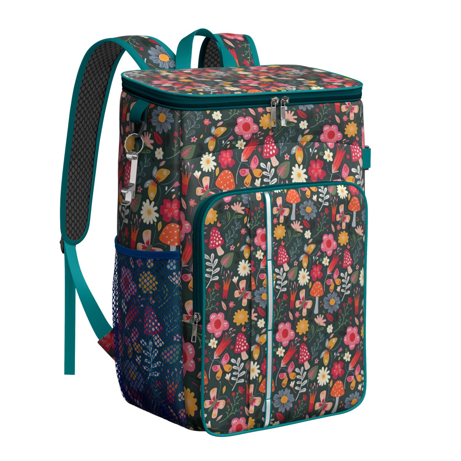 Travel Cooler Bag - Pioneer Flower Floral Print Pattern Camping Beer Cooler Backpack with Bottle Opener- Waterproof Insulated Picnic Backpacks - Cooler Bag for Beach