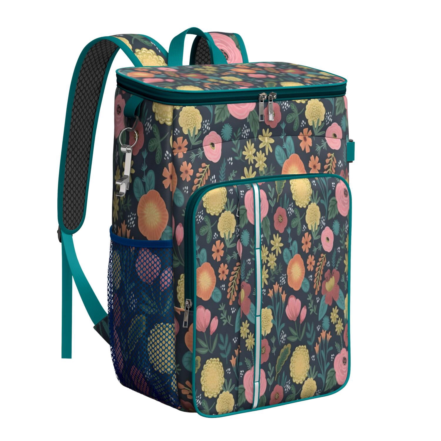 Travel Cooler Bag - Pioneer Flower Floral Print Pattern Camping Beer Cooler Backpack with Bottle Opener- Waterproof Insulated Picnic Backpacks - Cooler Bag for Beach