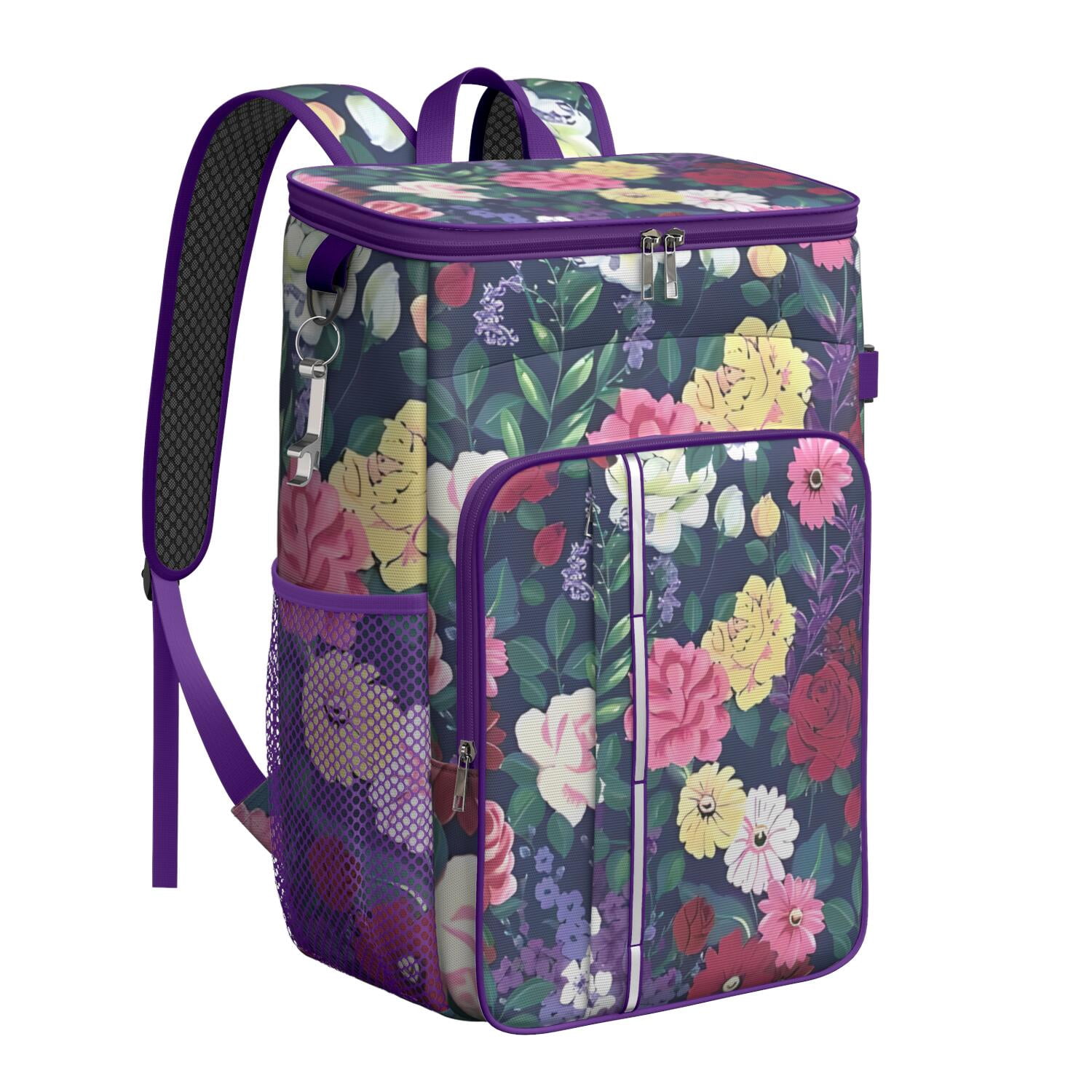 Travel Cooler Bag - Pioneer Flower Floral Print Pattern Camping Beer Cooler Backpack with Bottle Opener- Waterproof Insulated Picnic Backpacks - Cooler Bag for Beach