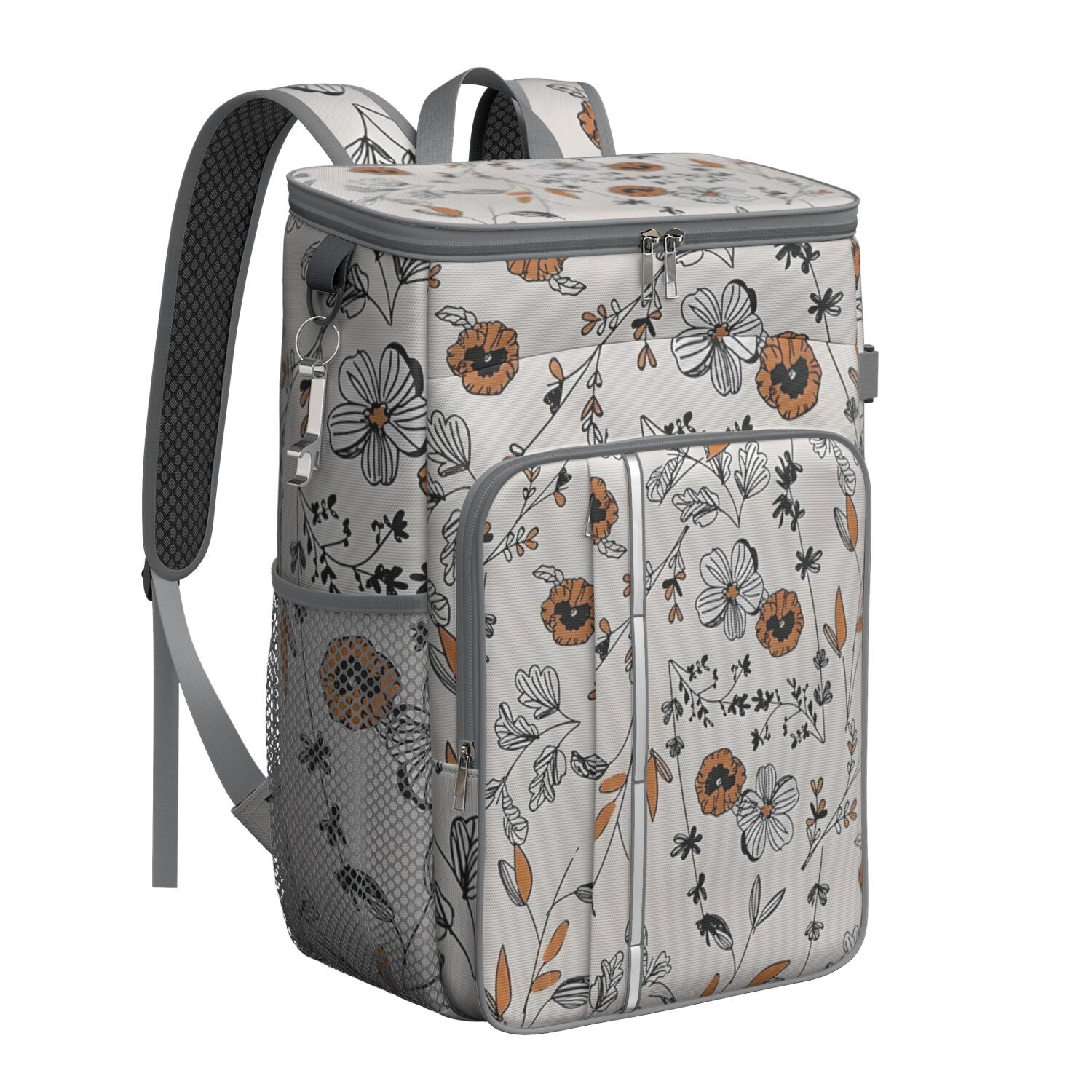 Travel Cooler Bag - Pioneer Flower Floral Print Pattern Camping Beer Cooler Backpack with Bottle Opener- Waterproof Insulated Picnic Backpacks - Cooler Bag for Beach