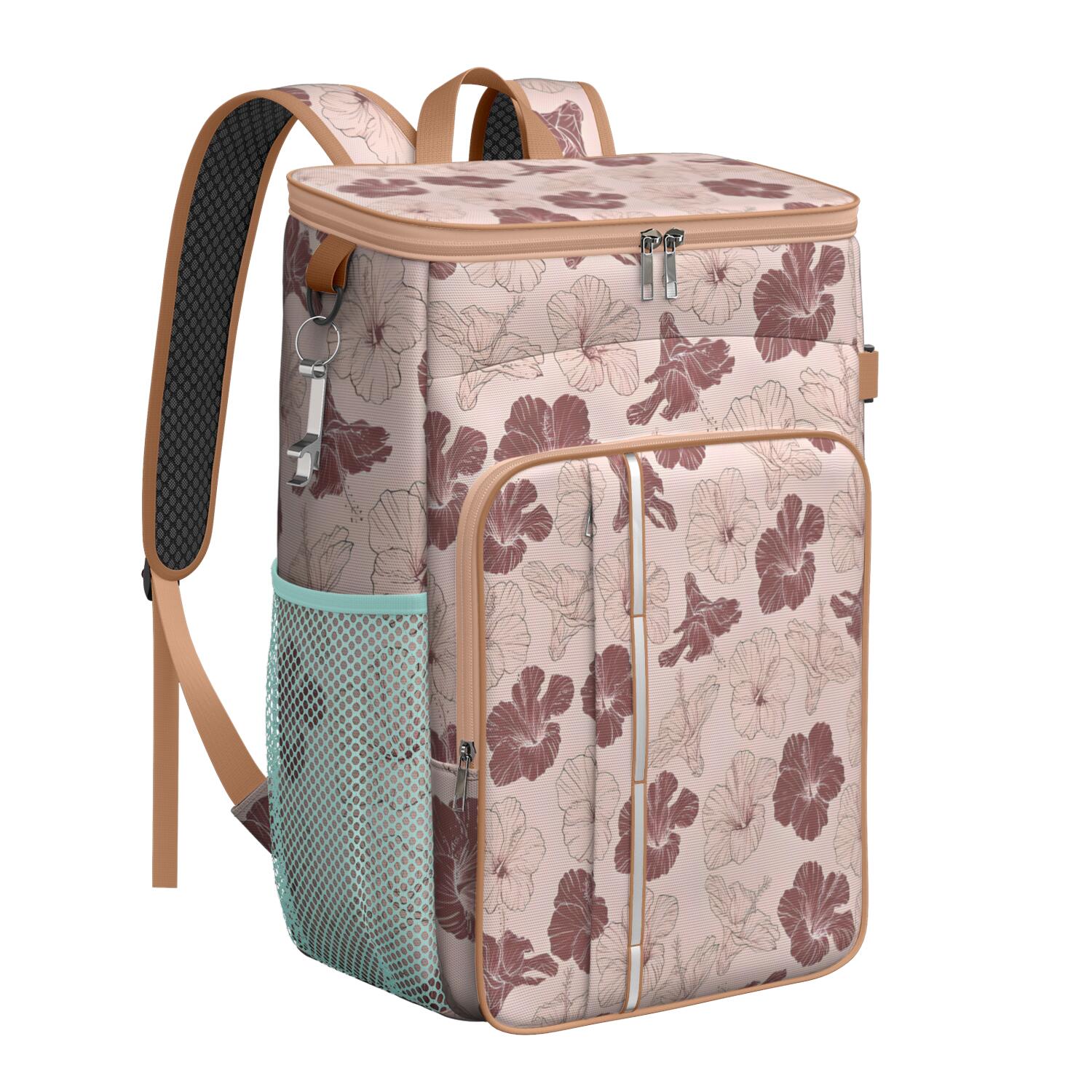 Travel Cooler Bag - Pioneer Flower Floral Print Pattern Camping Beer Cooler Backpack with Bottle Opener- Waterproof Insulated Picnic Backpacks - Cooler Bag for Beach