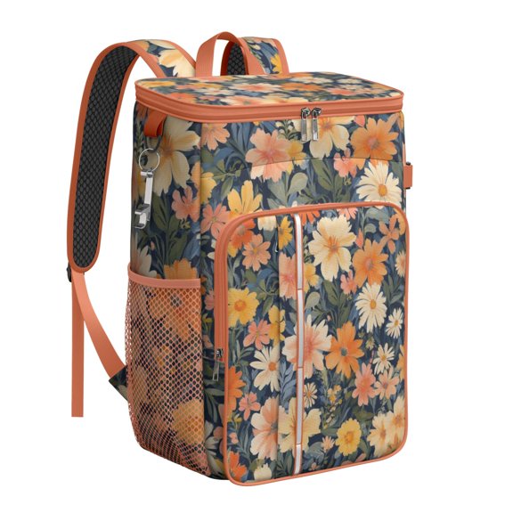 Travel Cooler Bag - Pioneer Flower Floral Print Pattern Camping Beer Cooler Backpack with Bottle Opener- Waterproof Insulated Picnic Backpacks - Cooler Bag for Beach