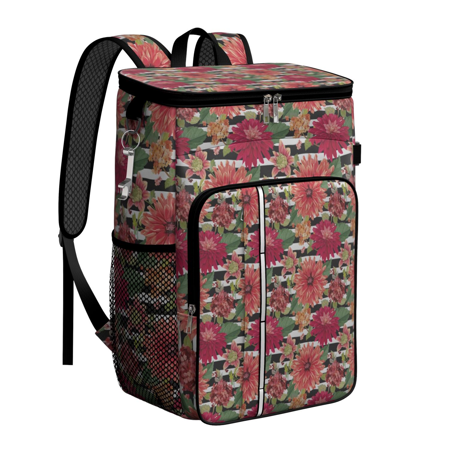 Travel Cooler Bag - Pioneer Flower Floral Print Pattern Camping Beer Cooler Backpack with Bottle Opener- Waterproof Insulated Picnic Backpacks - Cooler Bag for Beach