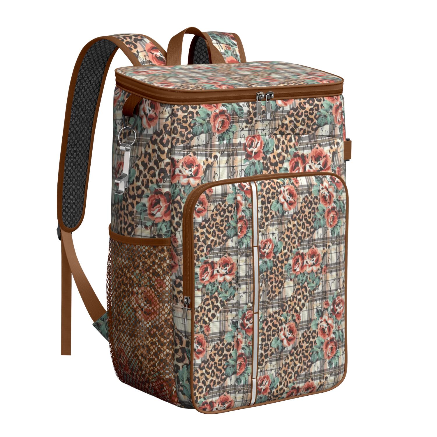 Travel Cooler Bag - Pioneer Flower Floral Print Pattern Camping Beer Cooler Backpack with Bottle Opener- Waterproof Insulated Picnic Backpacks - Cooler Bag for Beach
