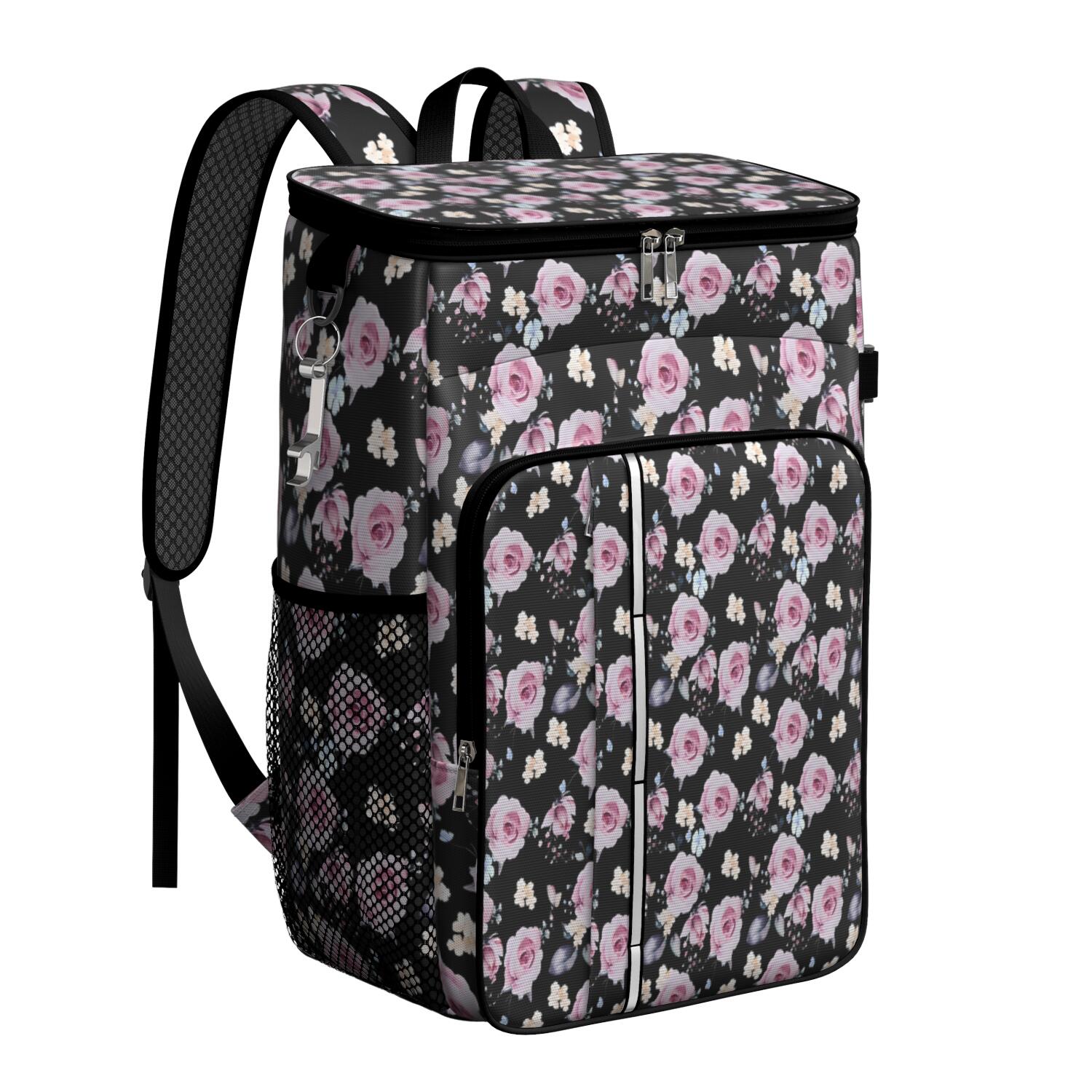 Travel Cooler Bag - Pioneer Flower Floral Print Pattern Camping Beer Cooler Backpack with Bottle Opener- Waterproof Insulated Picnic Backpacks - Cooler Bag for Beach