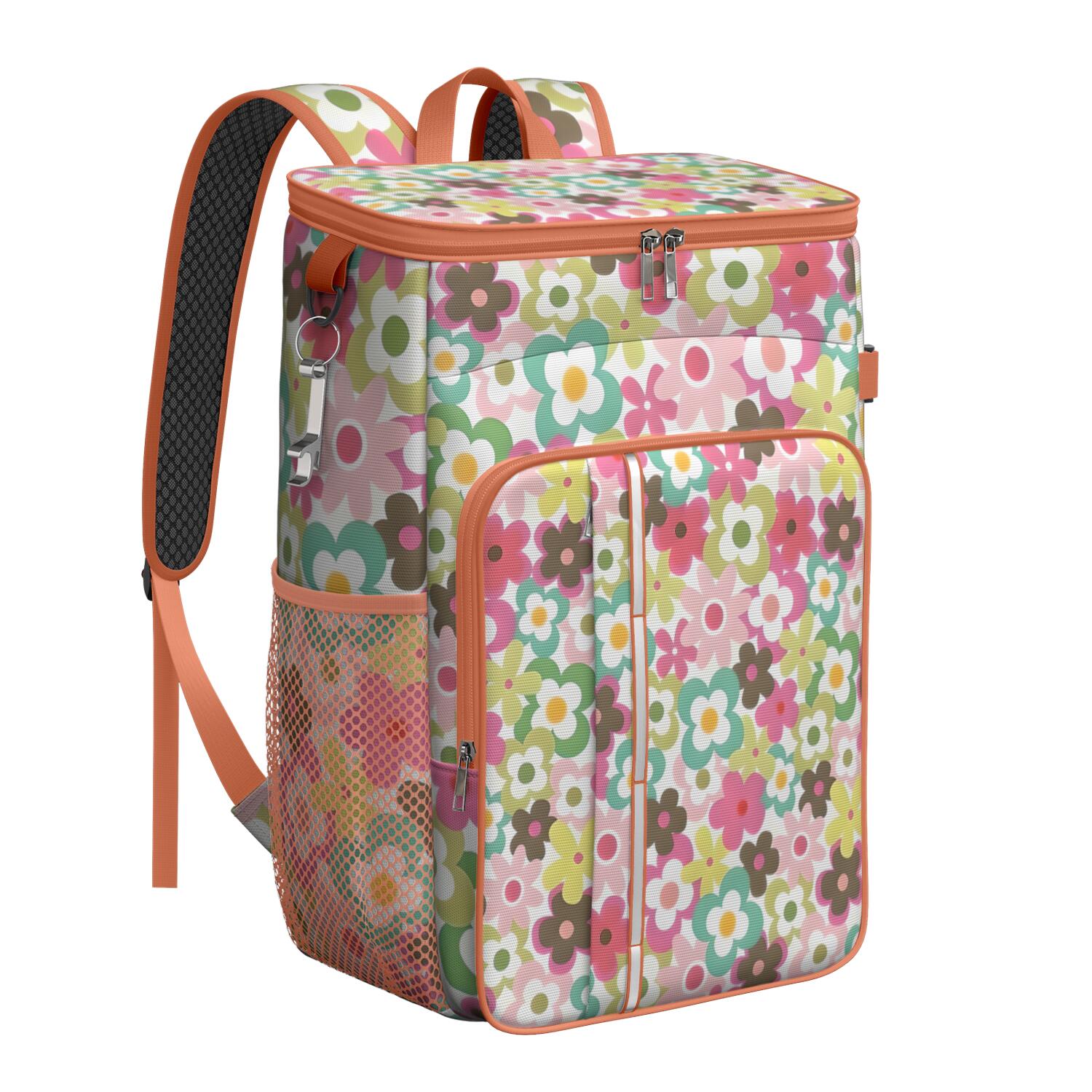 Travel Cooler Bag - Pioneer Flower Floral Print Pattern Camping Beer Cooler Backpack with Bottle Opener- Waterproof Insulated Picnic Backpacks - Cooler Bag for Beach