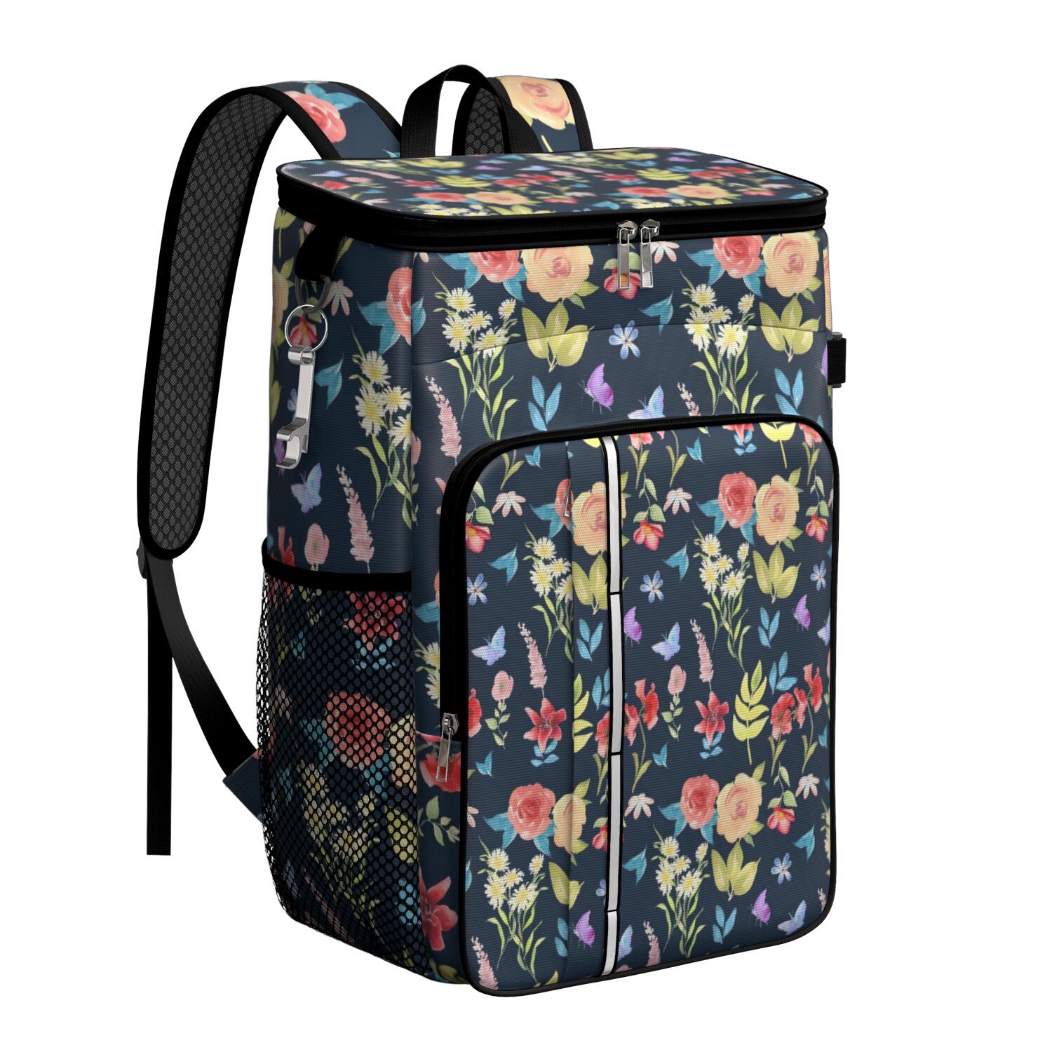 Travel Cooler Bag - Pioneer Flower Floral Print Pattern Camping Beer Cooler Backpack with Bottle Opener- Waterproof Insulated Picnic Backpacks - Cooler Bag for Beach
