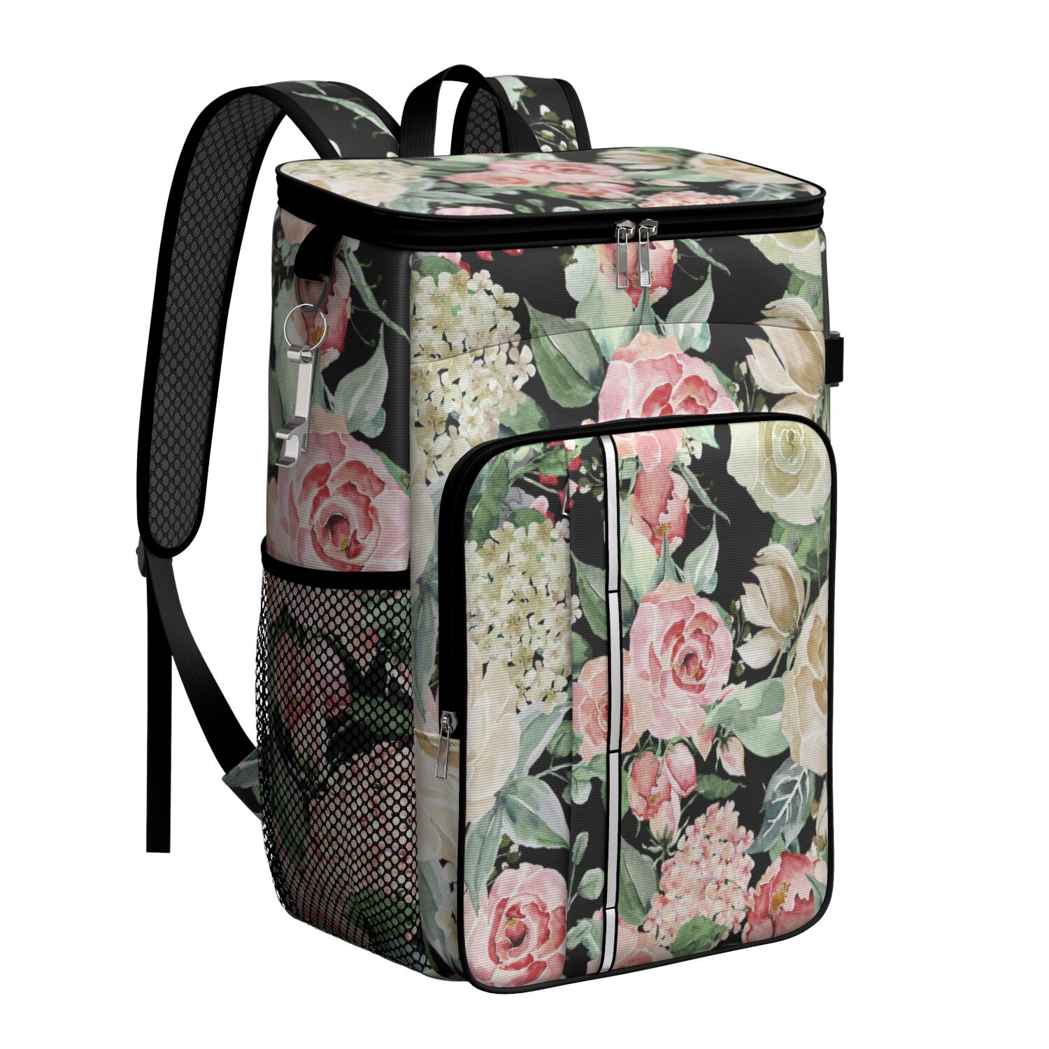 Travel Cooler Bag - Pioneer Flower Floral Print Pattern Camping Beer Cooler Backpack with Bottle Opener- Waterproof Insulated Picnic Backpacks - Cooler Bag for Beach