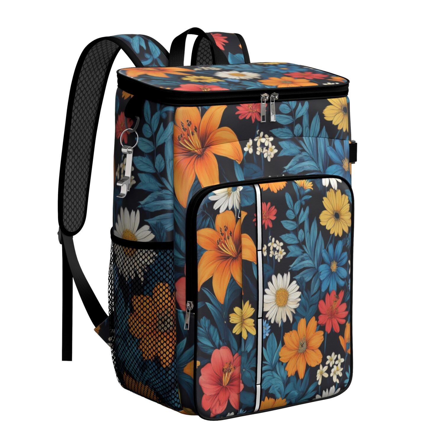 Travel Cooler Bag - Pioneer Flower Floral Print Pattern Camping Beer Cooler Backpack with Bottle Opener- Waterproof Insulated Picnic Backpacks - Cooler Bag for Beach
