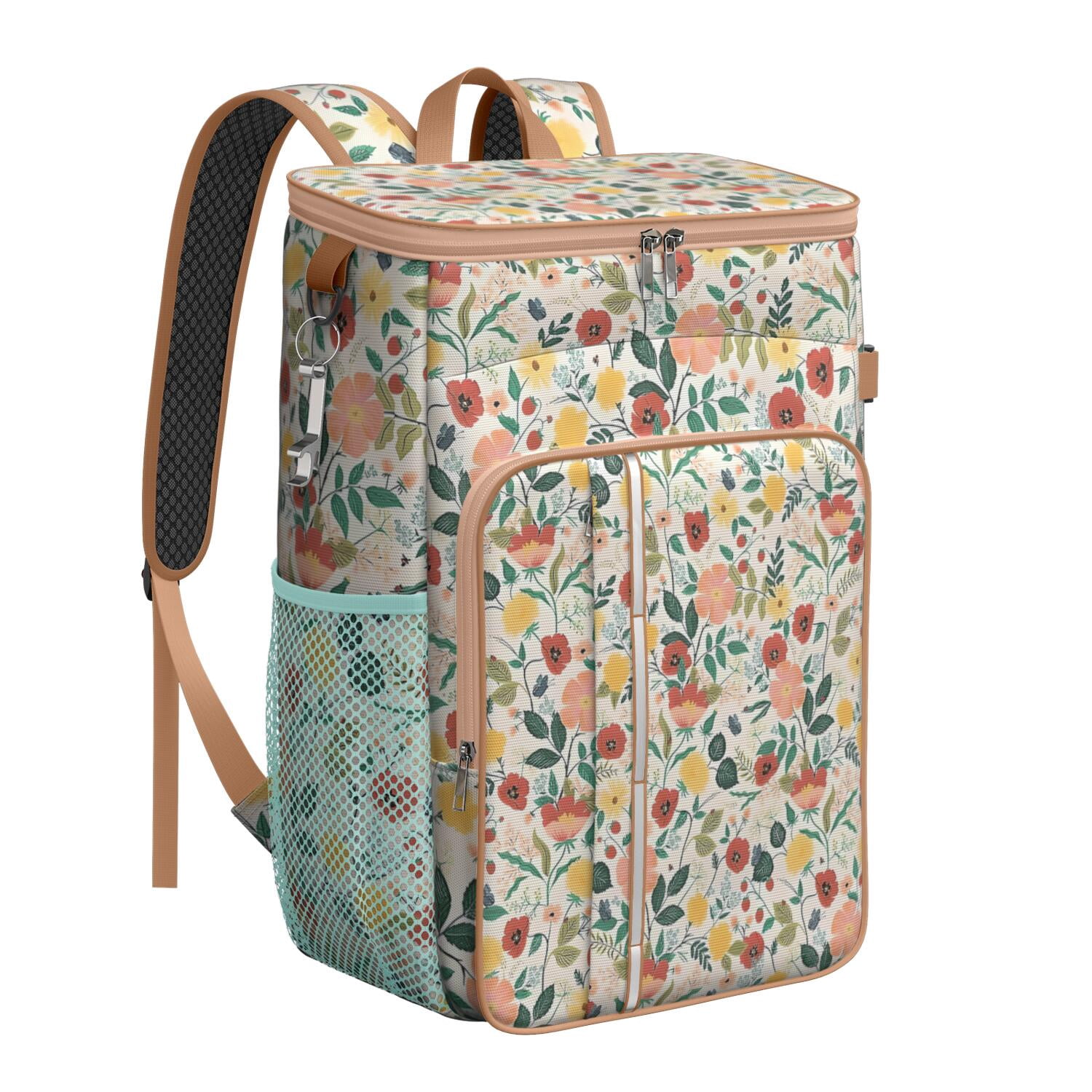 Travel Cooler Bag - Pioneer Flower Floral Print Pattern Camping Beer Cooler Backpack with Bottle Opener- Waterproof Insulated Picnic Backpacks - Cooler Bag for Beach