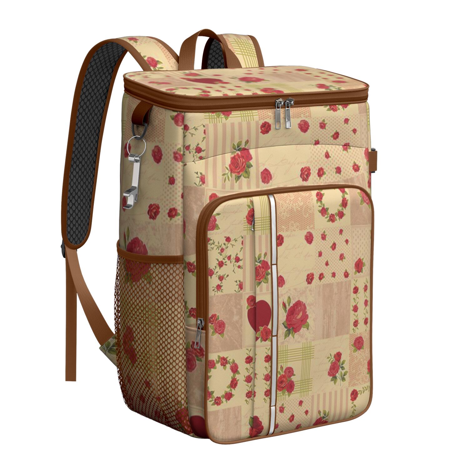 Travel Cooler Bag - Pioneer Flower Floral Print Pattern Camping Beer Cooler Backpack with Bottle Opener- Waterproof Insulated Picnic Backpacks - Cooler Bag for Beach