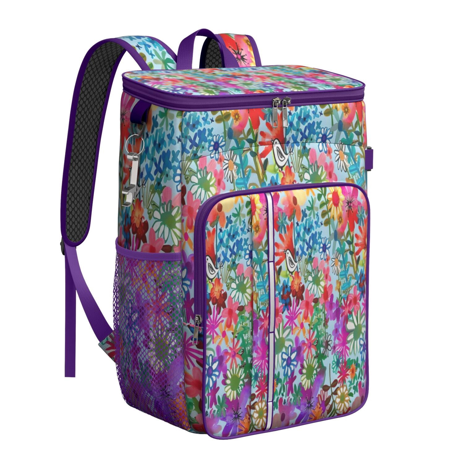 Travel Cooler Bag - Pioneer Flower Floral Print Pattern Camping Beer Cooler Backpack with Bottle Opener- Waterproof Insulated Picnic Backpacks - Cooler Bag for Beach