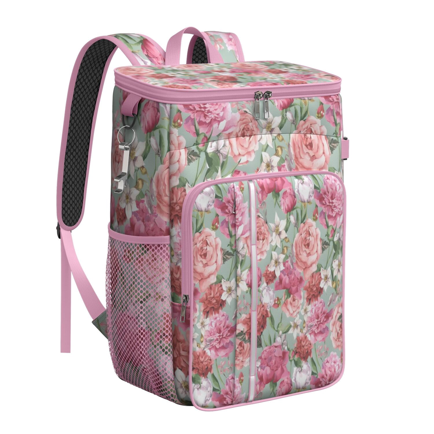 Travel Cooler Bag - Pioneer Flower Floral Print Pattern Camping Beer Cooler Backpack with Bottle Opener- Waterproof Insulated Picnic Backpacks - Cooler Bag for Beach