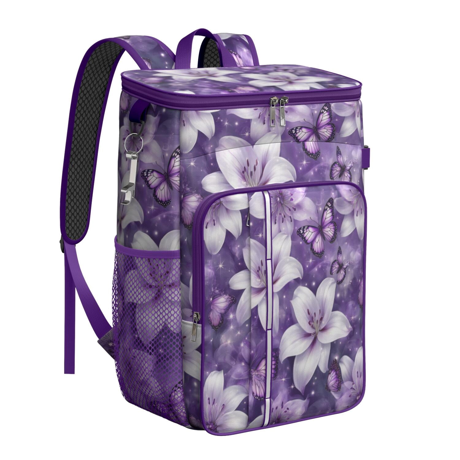Travel Cooler Bag - Purple Butterflies and Lilies Camping Beer Cooler Backpack with Bottle Opener- Waterproof Insulated Picnic Backpacks - Cooler Bag for Beach