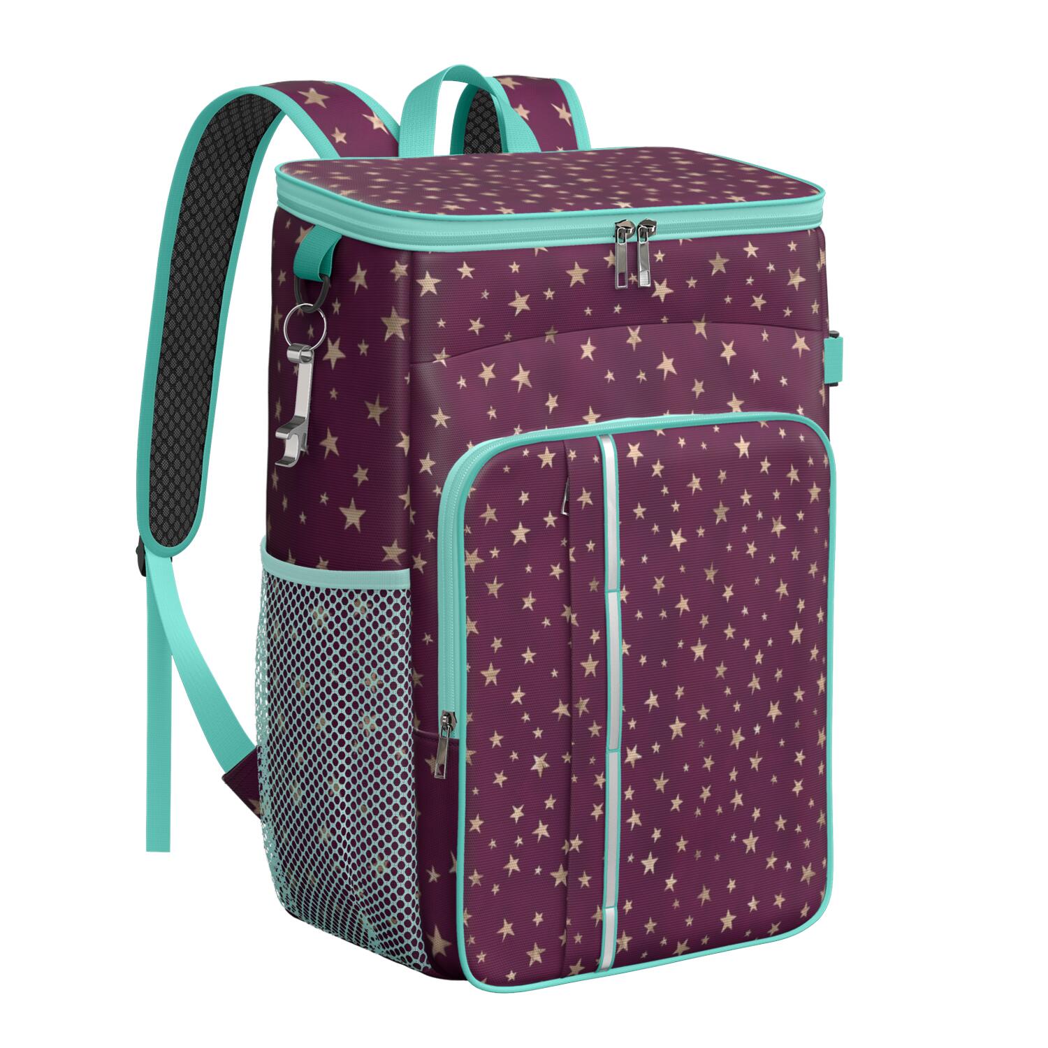 Travel Cooler Bag - Purple Christmas Star Pattern Camping Beer Cooler Backpack with Bottle Opener- Waterproof Insulated Picnic Backpacks - Cooler Bag for Beach