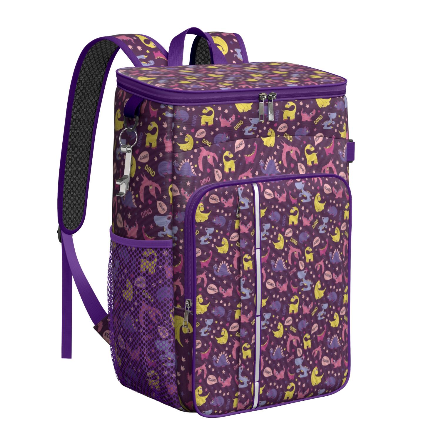 Travel Cooler Bag - Purple Dinosaurs Dino Roar Pattern Camping Beer Cooler Backpack with Bottle Opener- Waterproof Insulated Picnic Backpacks - Cooler Bag for Beach