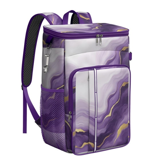 Travel Cooler Bag - Purple and Gold Marble Texture Camping Beer Cooler Backpack with Bottle Opener- Waterproof Insulated Picnic Backpacks - Cooler Bag for Beach