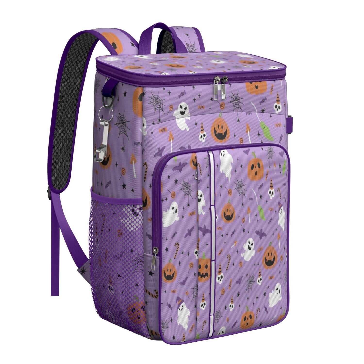 Travel Cooler Bag - Purple Halloween Pattern Camping Beer Cooler Backpack with Bottle Opener- Waterproof Insulated Picnic Backpacks - Cooler Bag for Beach