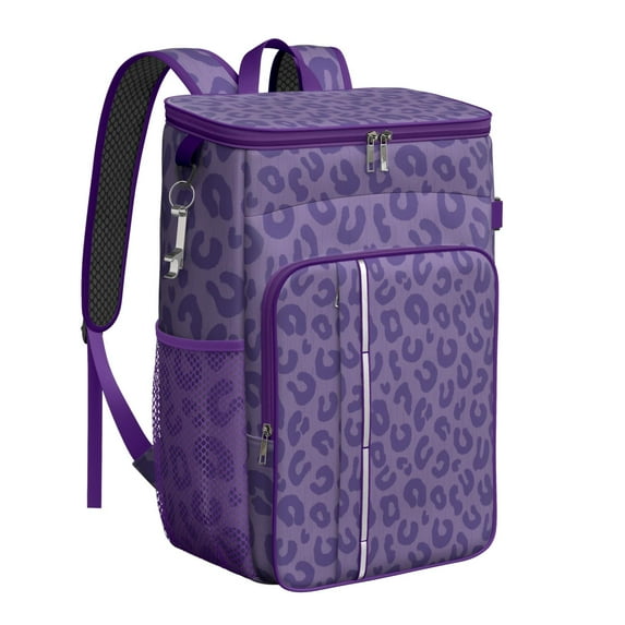 Travel Cooler Bag - Purple Leopard Print Camping Beer Cooler Backpack with Bottle Opener- Waterproof Insulated Picnic Backpacks - Cooler Bag for Beach