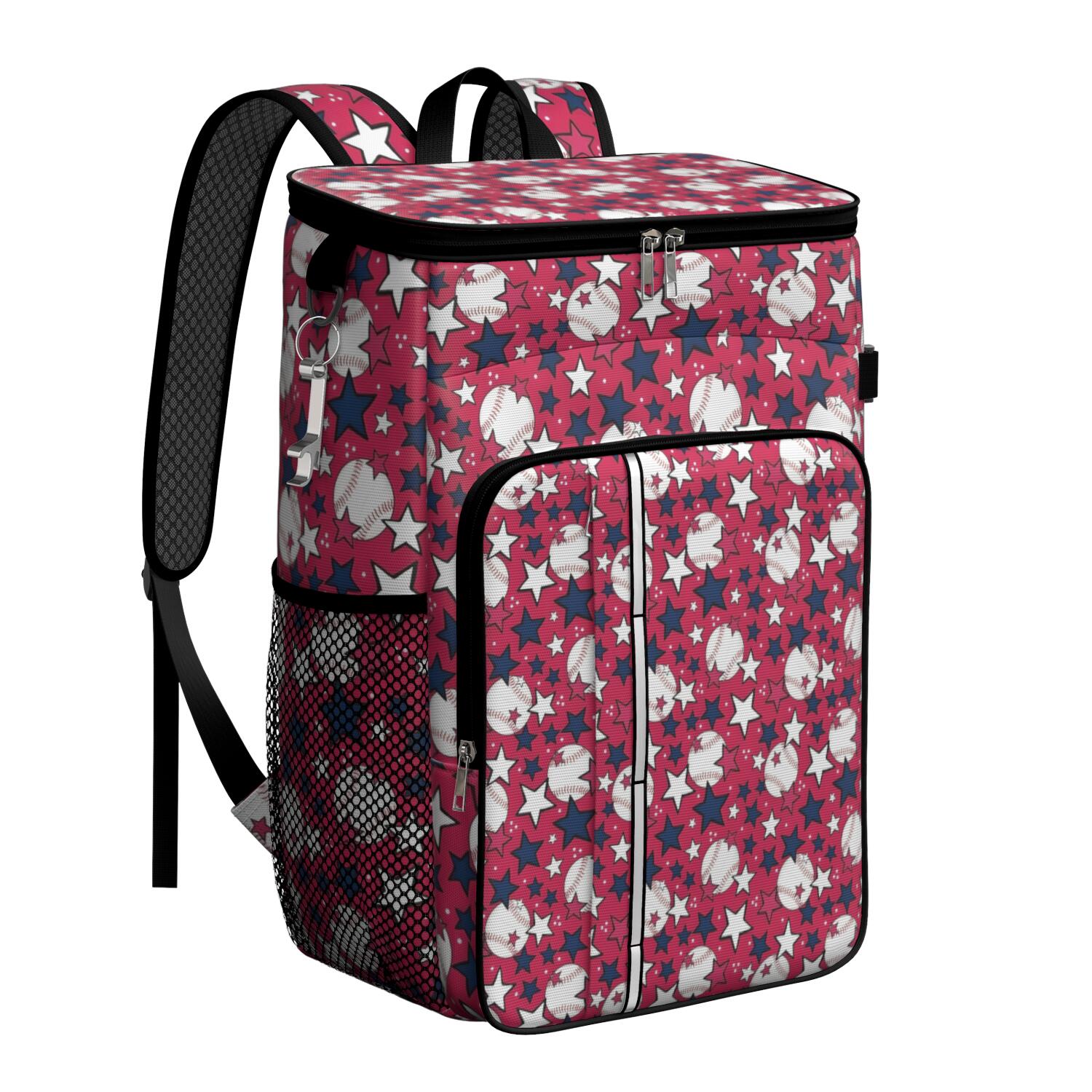 Travel Cooler Bag - Red Baseballs and Stars Pattern Camping Beer Cooler Backpack with Bottle Opener- Waterproof Insulated Picnic Backpacks - Cooler Bag for Beach