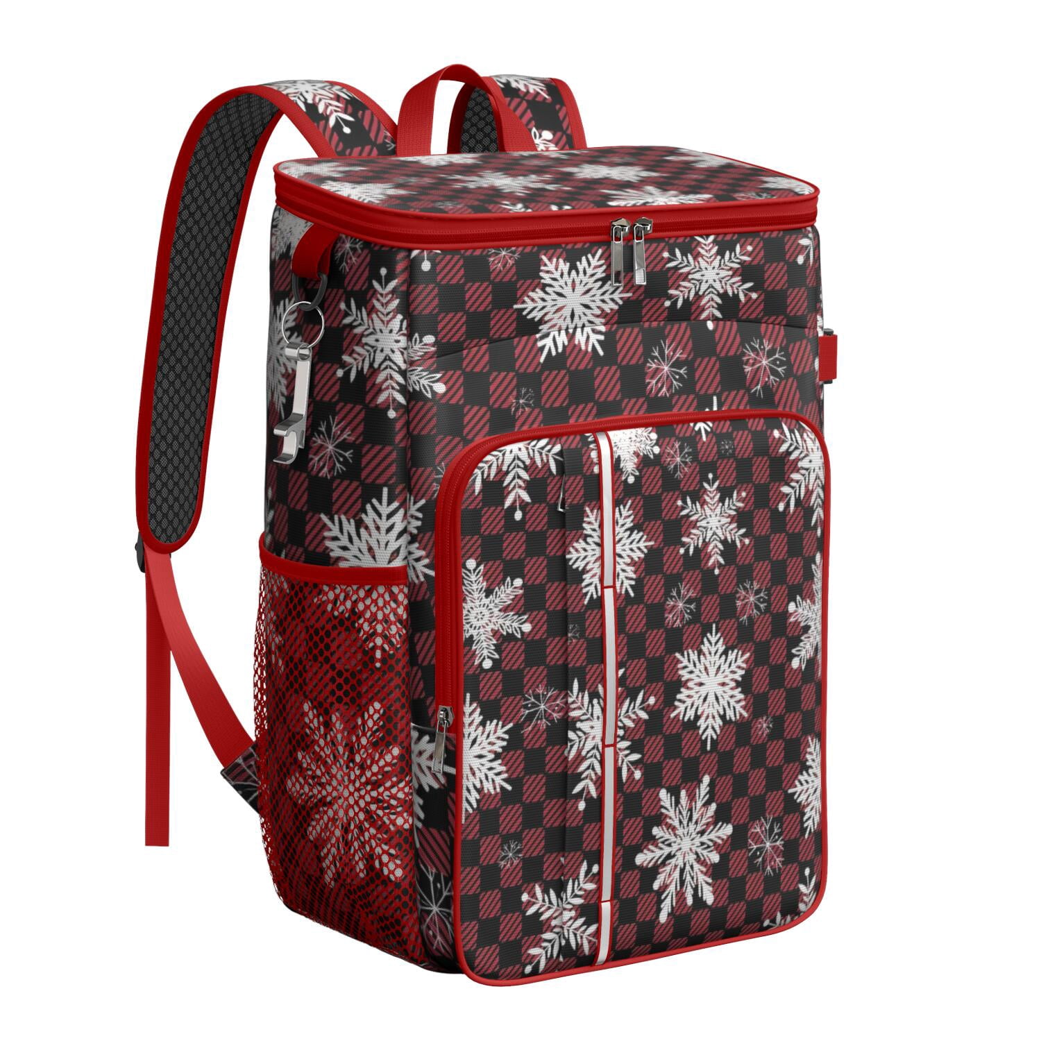 Travel Cooler Bag - Red and Black Checkered Christmas Snowflake Pattern Camping Beer Cooler Backpack with Bottle Opener- Waterproof Insulated Picnic Backpacks - Cooler Bag for Beach