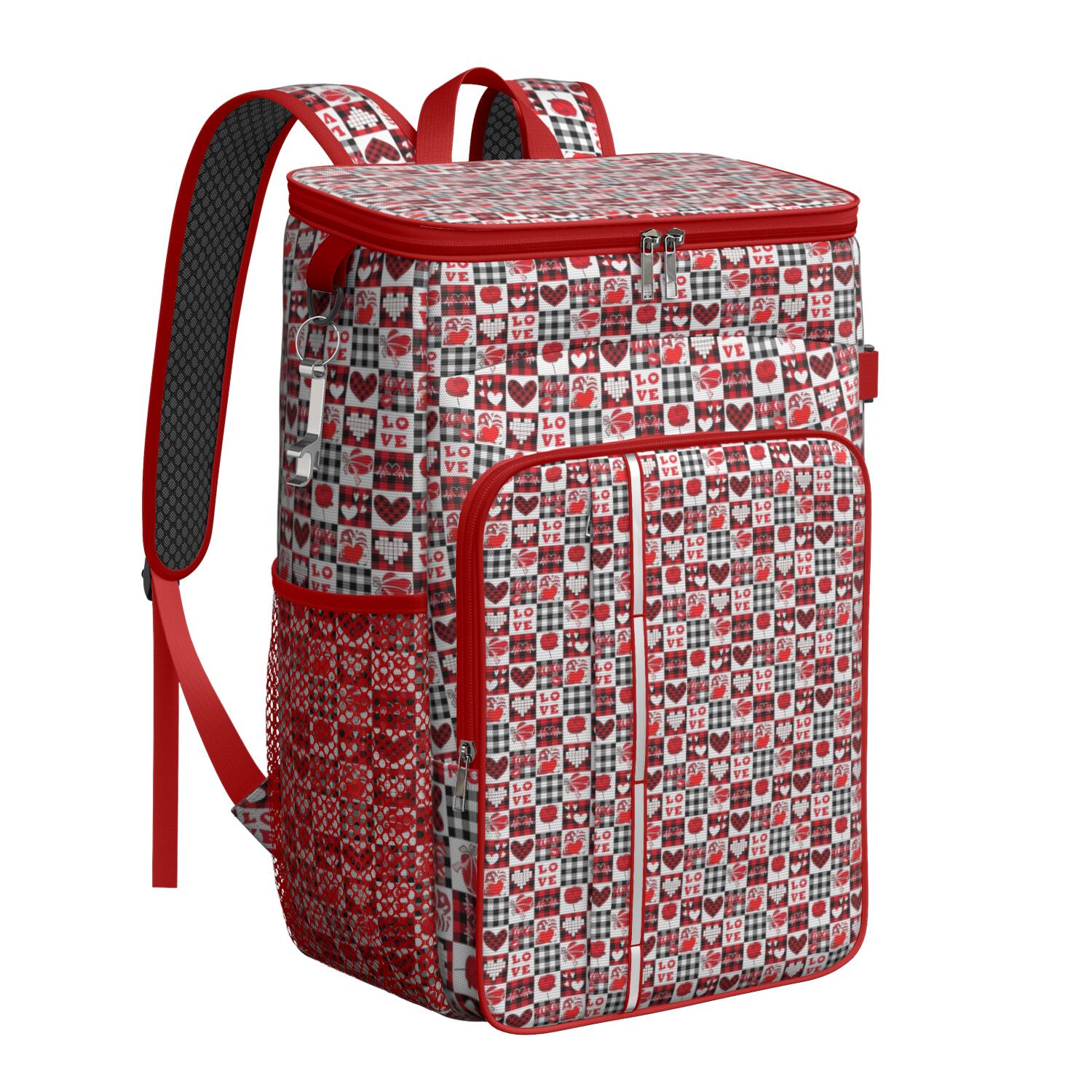 Travel Cooler Bag - Red and Black Christmas Love Pattern Camping Beer Cooler Backpack with Bottle Opener- Waterproof Insulated Picnic Backpacks - Cooler Bag for Beach