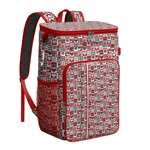Travel Cooler Bag - Red and Black Christmas Love Pattern Camping Beer Cooler Backpack with Bottle Opener- Waterproof Insulated Picnic Backpacks - Cooler Bag for Beach