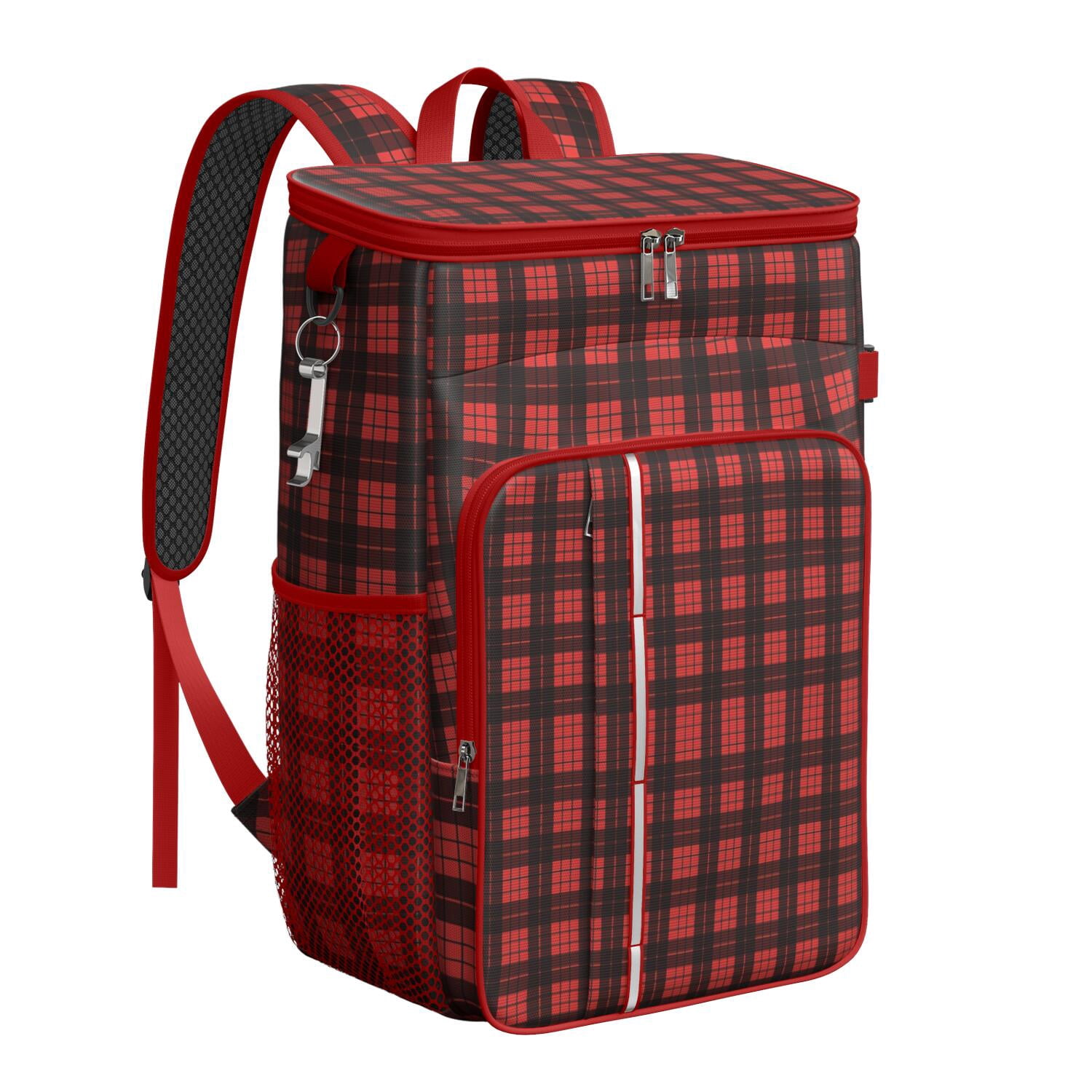 Travel Cooler Bag - Red and Black Christmas Plaid Pattern Camping Beer Cooler Backpack with Bottle Opener- Waterproof Insulated Picnic Backpacks - Cooler Bag for Beach
