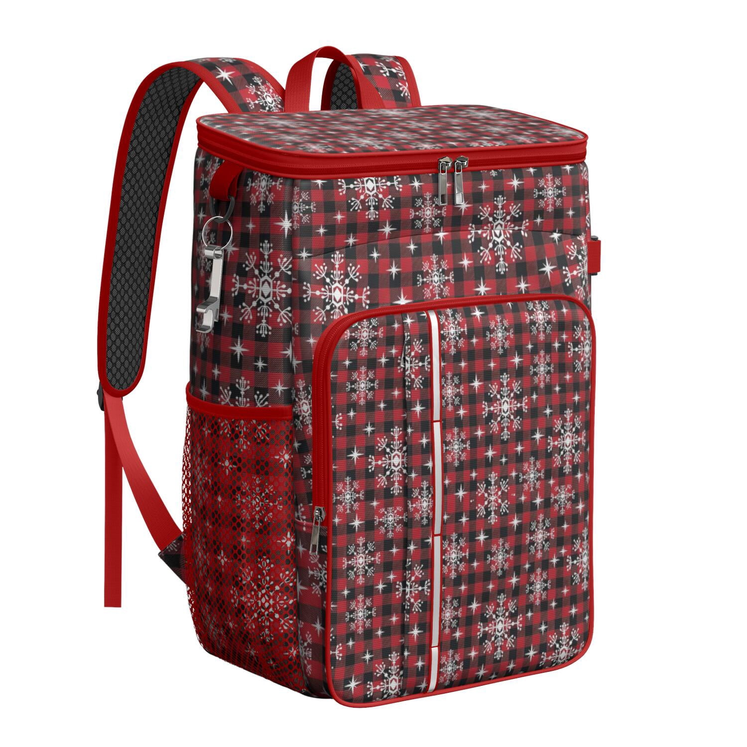 Travel Cooler Bag - Red and Black Christmas Snowflake Pattern Camping Beer Cooler Backpack with Bottle Opener- Waterproof Insulated Picnic Backpacks - Cooler Bag for Beach
