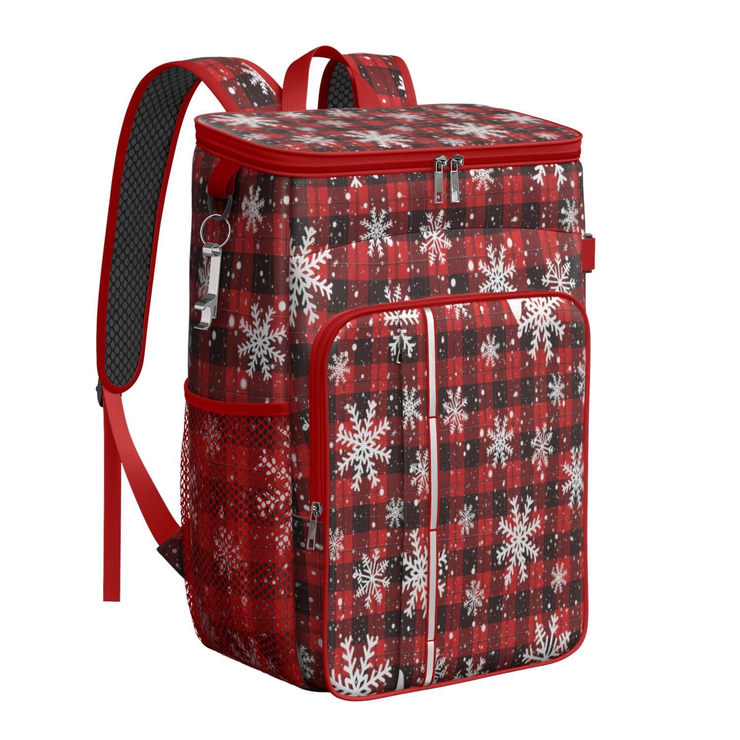 Travel Cooler Bag - Red and Black Christmas Snowflake Pattern Camping Beer Cooler Backpack with Bottle Opener- Waterproof Insulated Picnic Backpacks - Cooler Bag for Beach