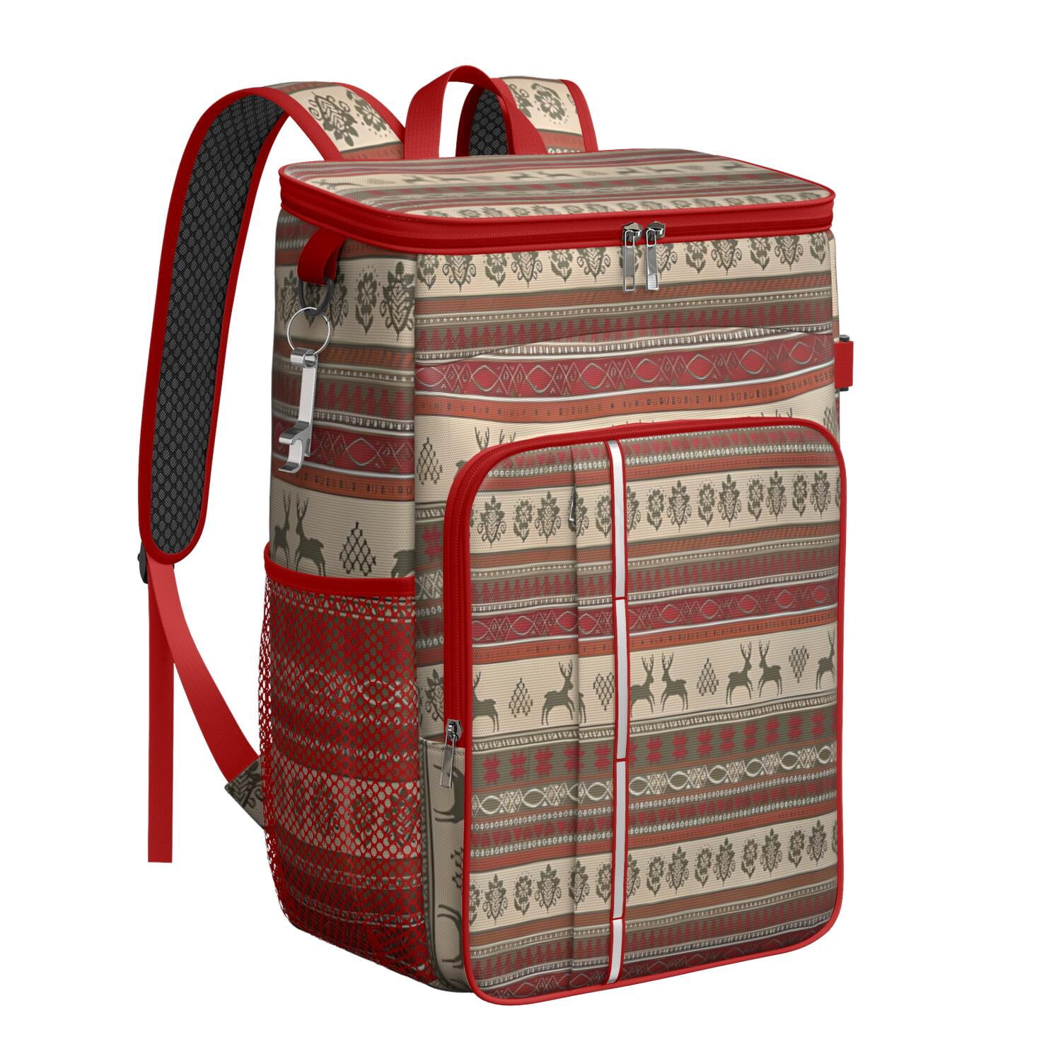 Travel Cooler Bag - Red and Brown Christmas Pattern Camping Beer Cooler Backpack with Bottle Opener- Waterproof Insulated Picnic Backpacks - Cooler Bag for Beach