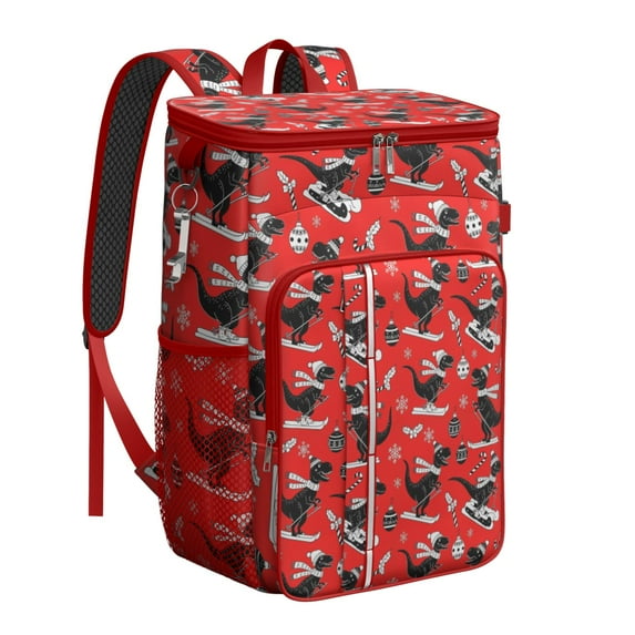 Travel Cooler Bag - Red Cartoon Dinosaurs Skiing Pattern Camping Beer Cooler Backpack with Bottle Opener- Waterproof Insulated Picnic Backpacks - Cooler Bag for Beach