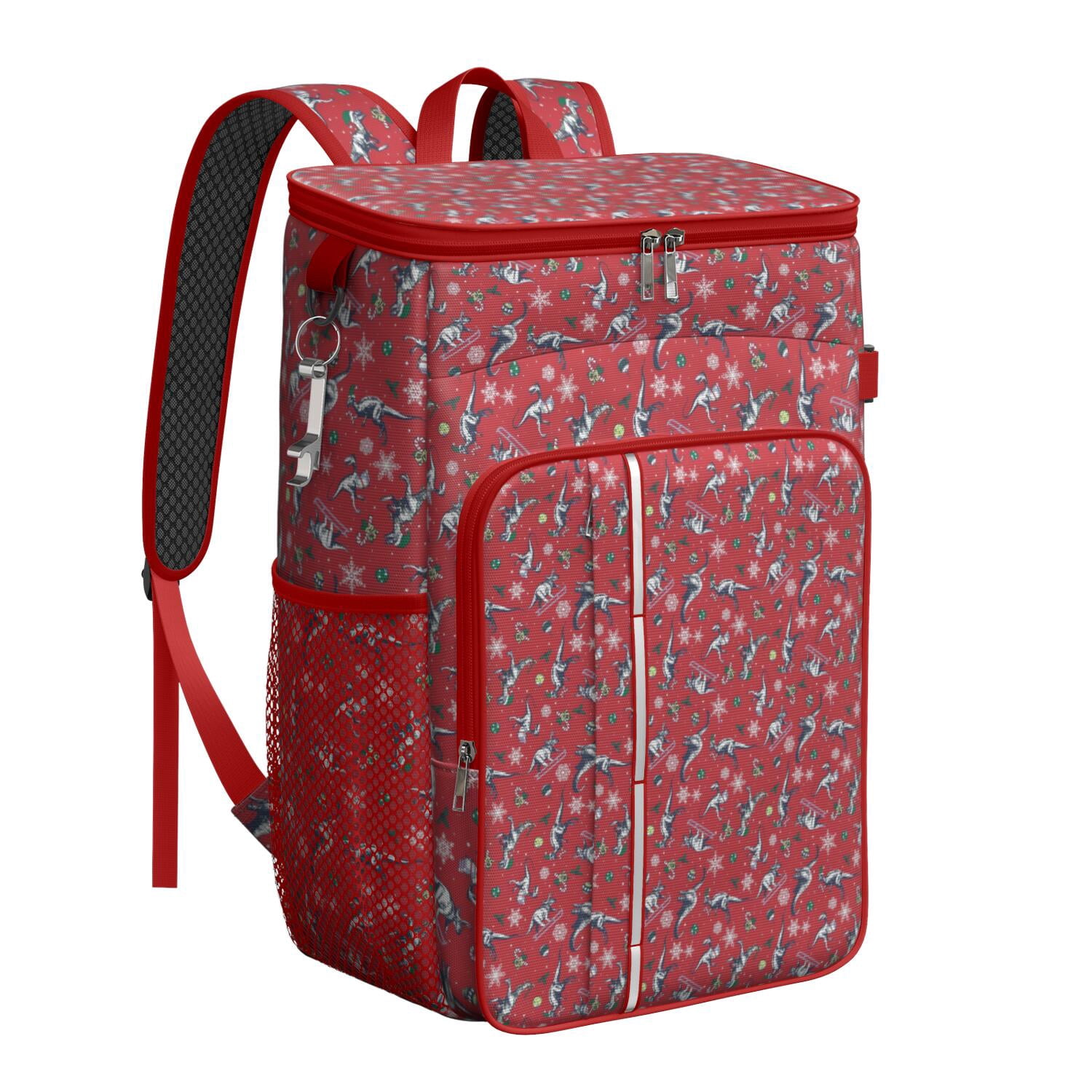 Travel Cooler Bag - Red Cartoon Dinosaurs Snowflakes Pattern Camping Beer Cooler Backpack with Bottle Opener- Waterproof Insulated Picnic Backpacks - Cooler Bag for Beach