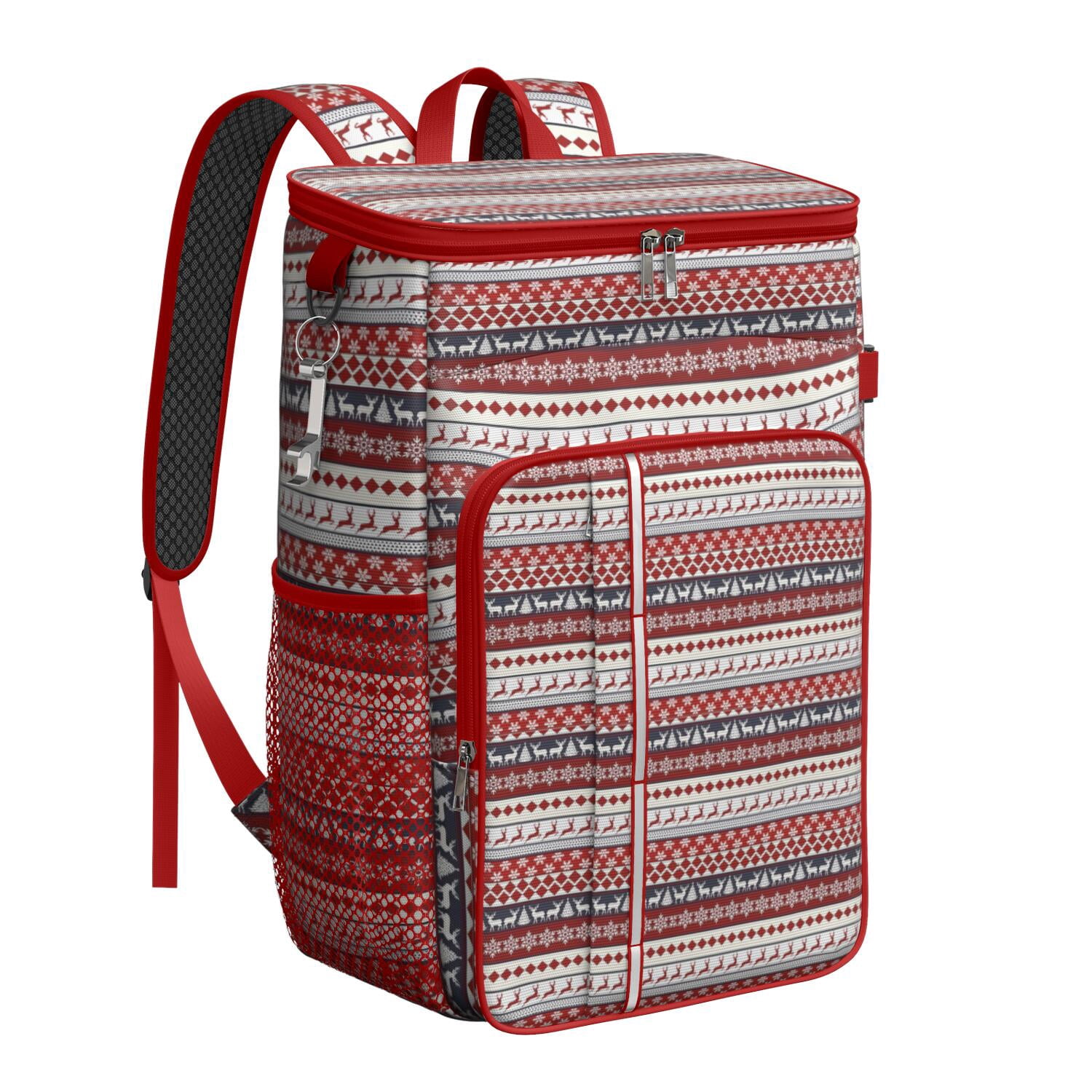 Travel Cooler Bag - Red Christmas Deer and Snowflake Pattern Camping Beer Cooler Backpack with Bottle Opener- Waterproof Insulated Picnic Backpacks - Cooler Bag for Beach